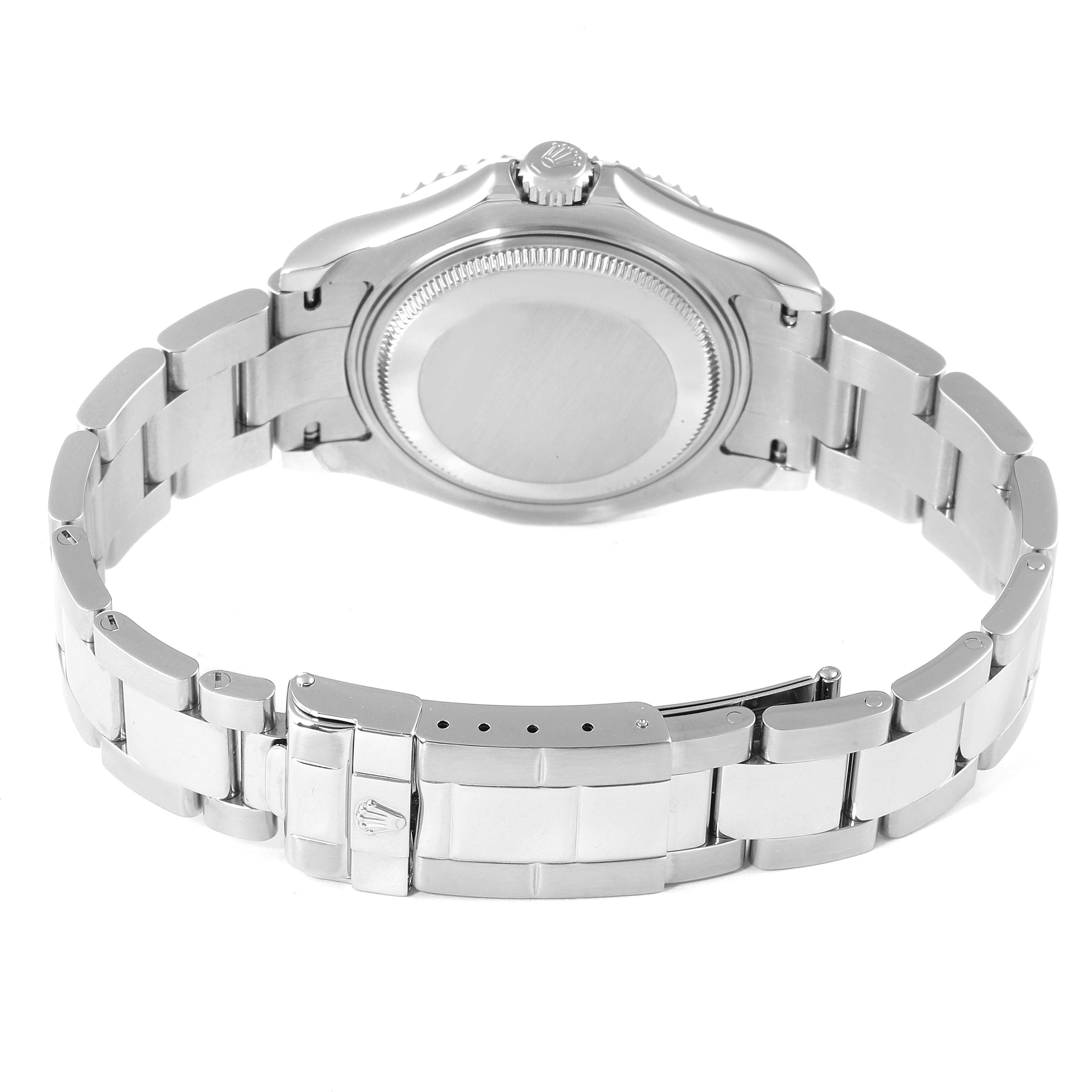 This image shows the back view of the Rolex Yacht-Master 168622 Men
s Stainless Steel Silver Dial 168622 Men
s Stainless Steel Silver Dial watch, highlighting its bracelet and clasp.