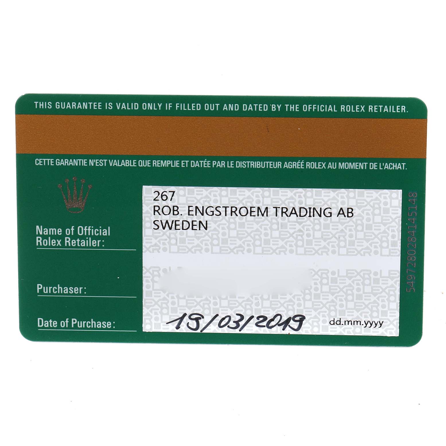 The image shows the warranty card of a Rolex Yacht-Master 116622 Men
s Stainless Steel Blue Dial 116622 Men
s Stainless Steel Blue Dial watch from an official retailer in Sweden, dated 15/03/2019.