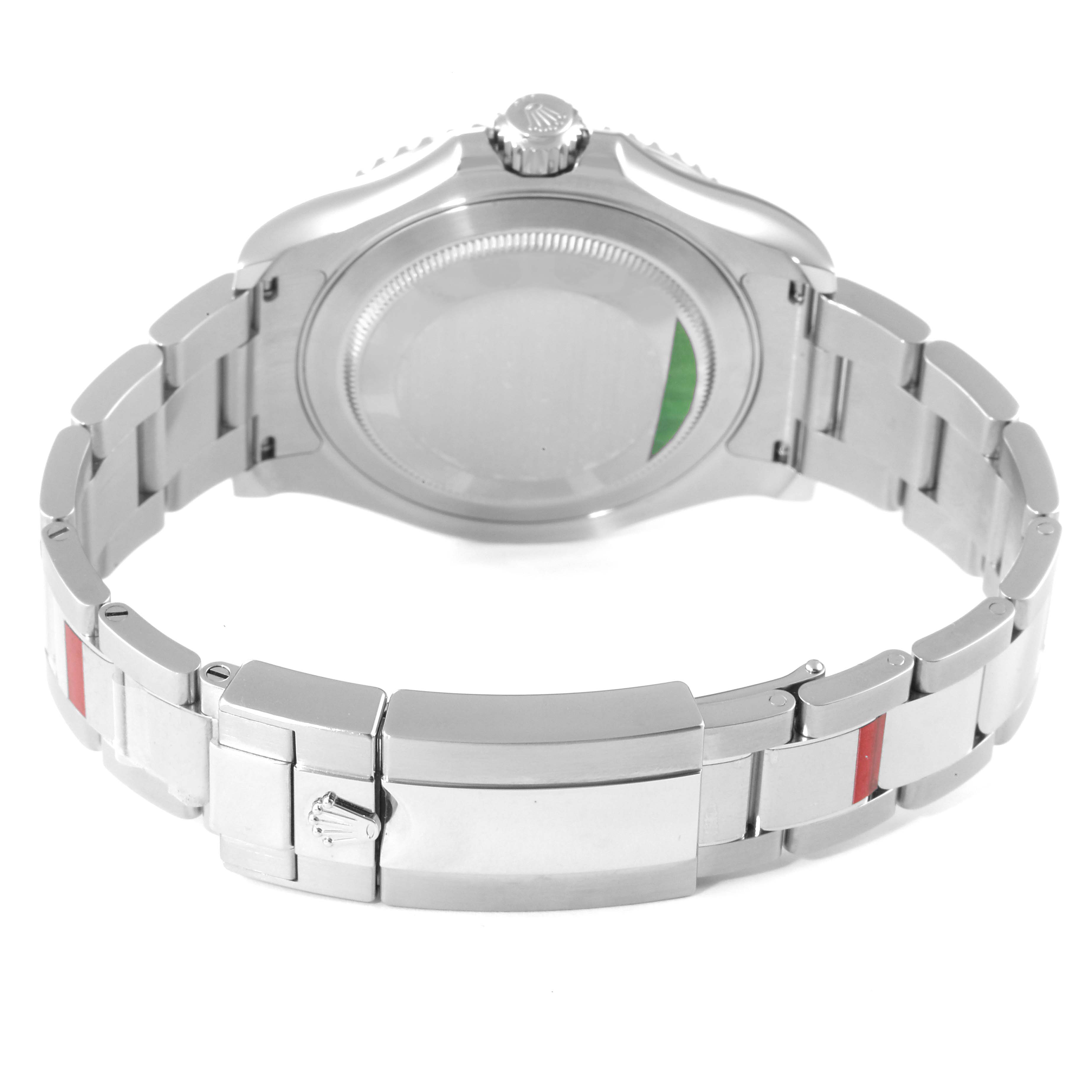 The image shows the back case and bracelet clasp of a Rolex Yacht-Master 116622 Men
s Stainless Steel Blue Dial 116622 Men
s Stainless Steel Blue Dial watch.