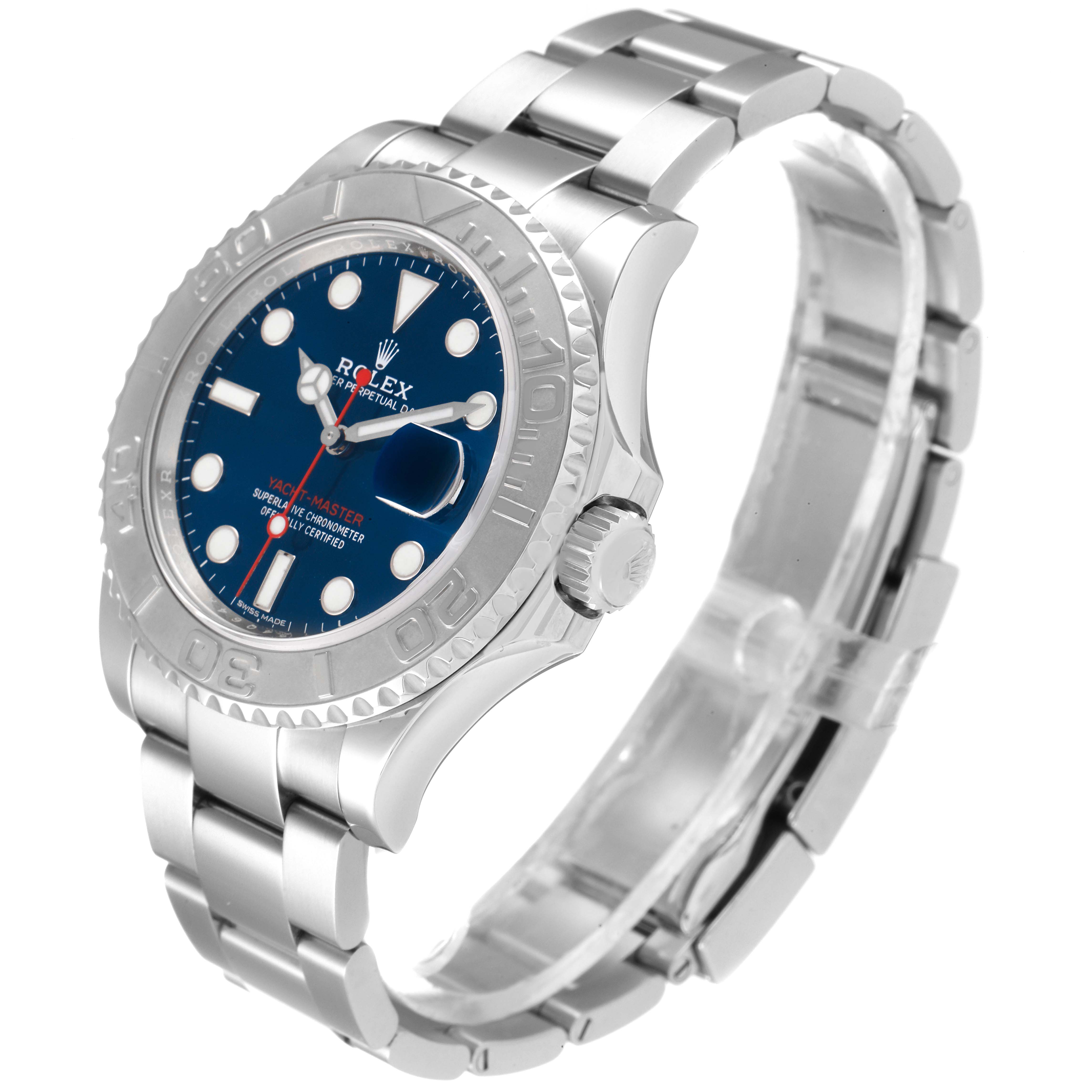 The image shows a side angle of a Rolex Yacht-Master 116622 Men
s Stainless Steel Blue Dial 116622 Men
s Stainless Steel Blue Dial watch focusing on the bezel, dial, bracelet, and crown.