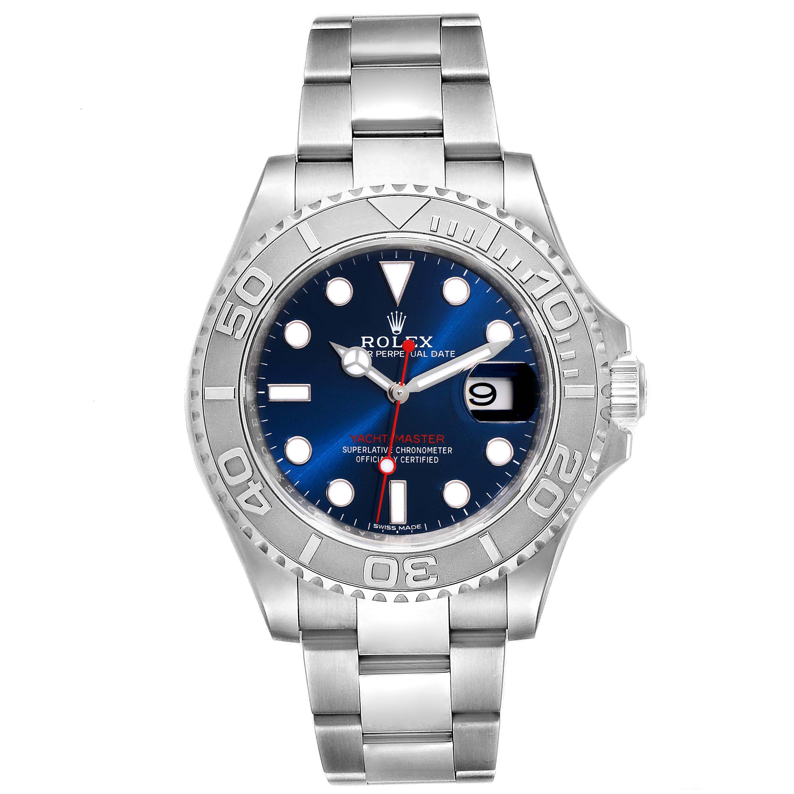 This image shows a front view of a Rolex Yacht-Master 116622 Men
s Stainless Steel Blue Dial 116622 Men
s Stainless Steel Blue Dial watch, displaying its dial, bezel, and bracelet.