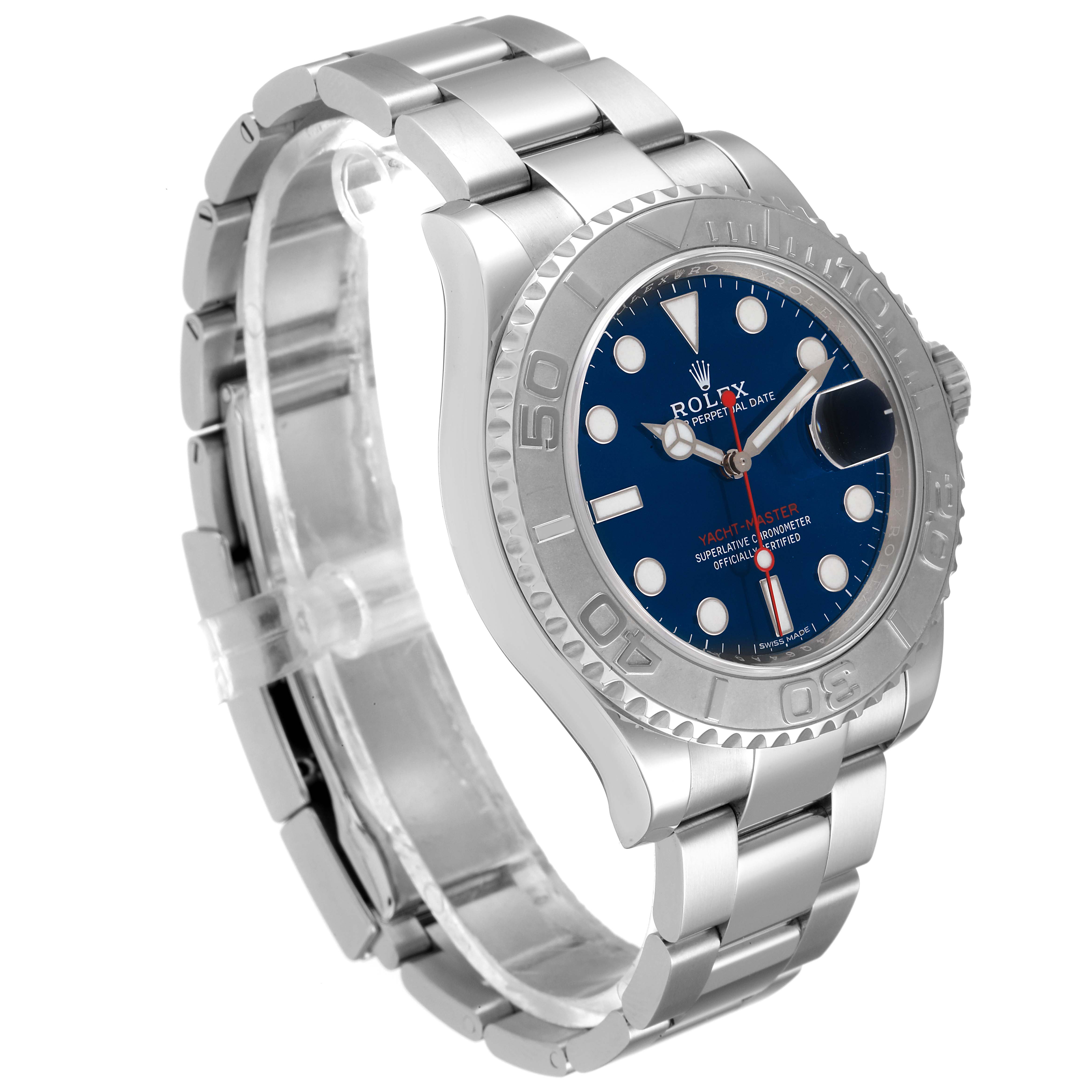 The Rolex Yacht-Master 116622 Men
s Stainless Steel Blue Dial 116622 Men
s Stainless Steel Blue Dial watch is shown at a front-side angle, highlighting the bezel, dial, and bracelet.