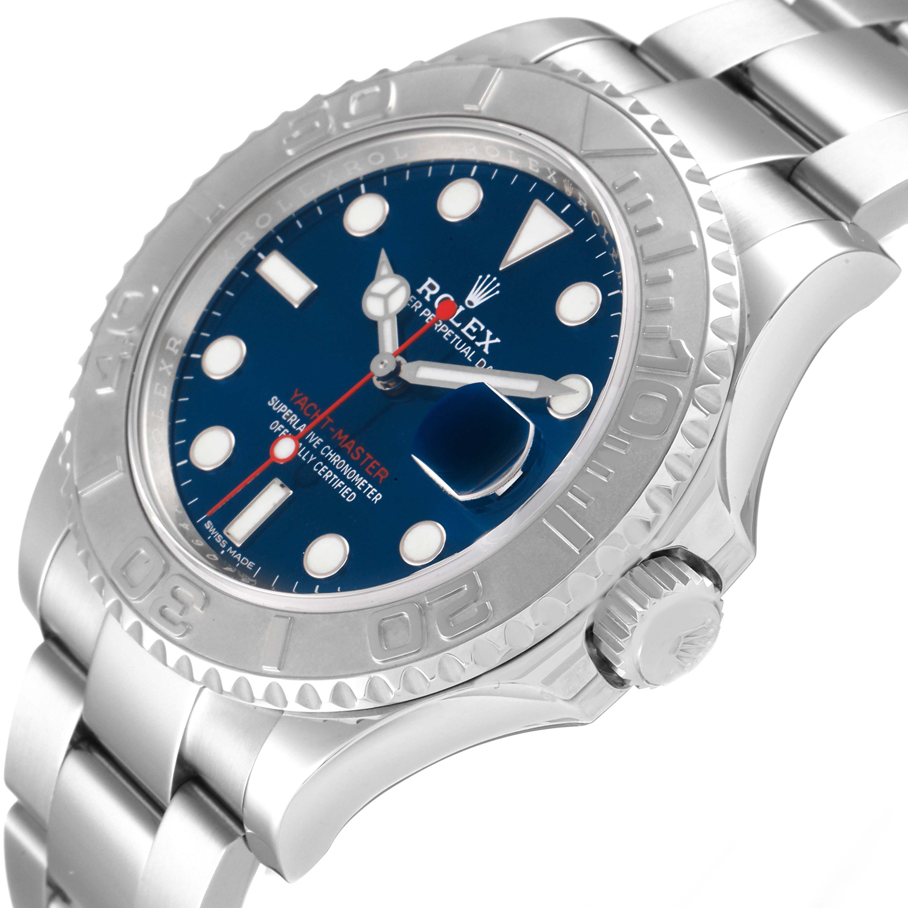 The image shows a close-up side view of the Rolex Yacht-Master 116622 Men
s Stainless Steel Blue Dial 116622 Men
s Stainless Steel Blue Dial watch face, bezel, crown, and part of the bracelet.