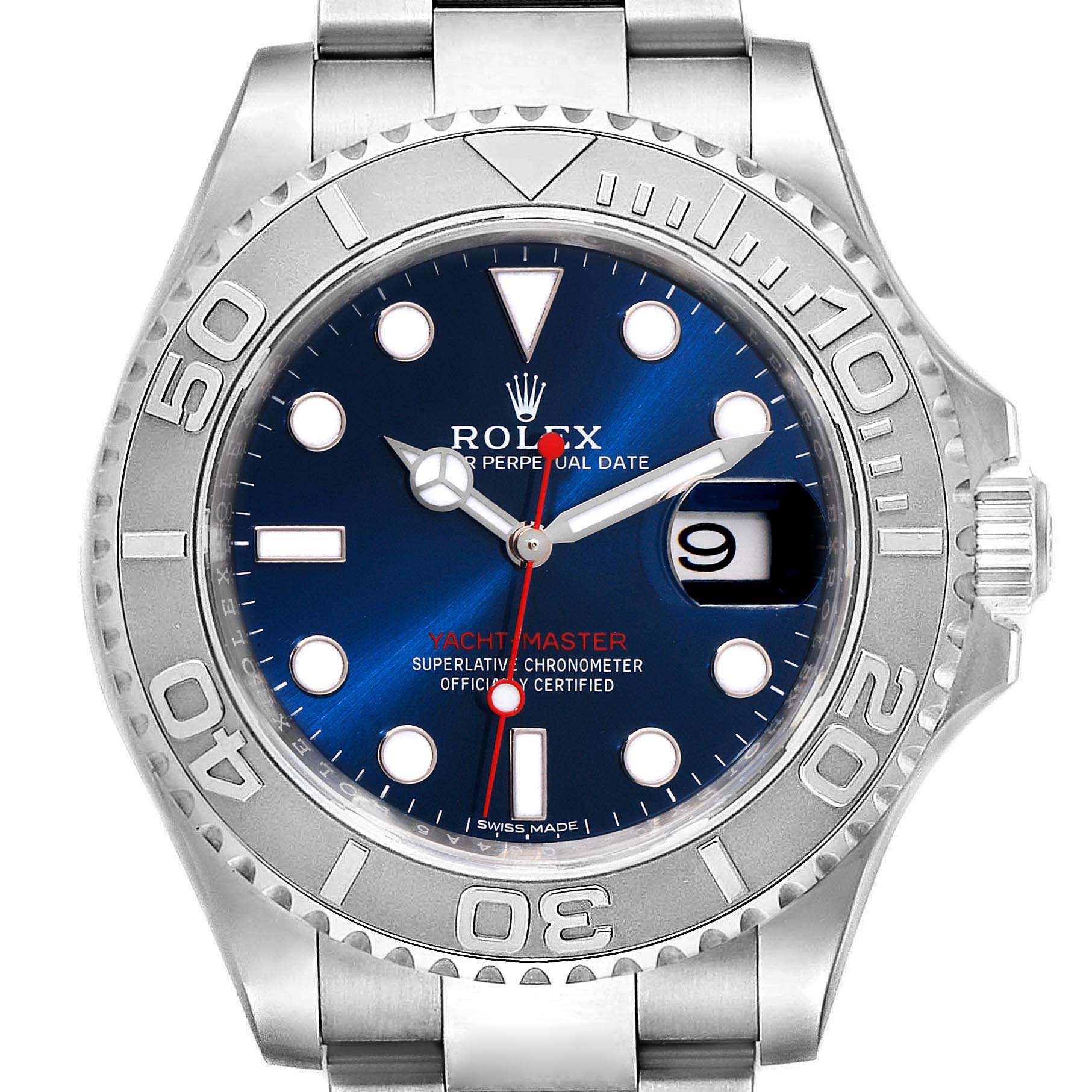 This image shows a close-up front view of the Rolex Yacht-Master 116622 Men
s Stainless Steel Blue Dial 116622 Men
s Stainless Steel Blue Dial watch, highlighting the face, bezel, and part of the bracelet.