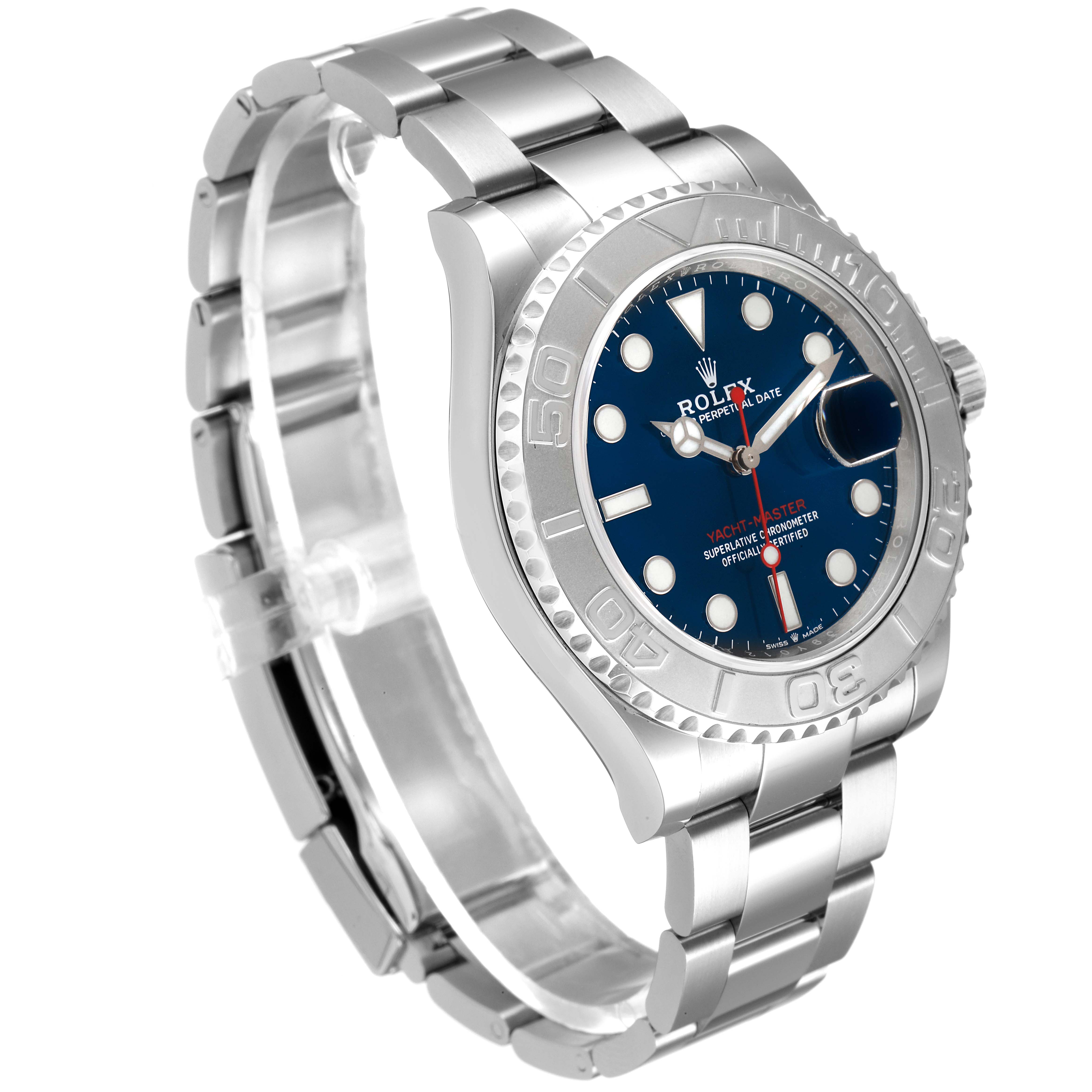 The Rolex Yacht-Master 126622 Men
s Stainless Steel Blue Dial 126622 Men
s Stainless Steel Blue Dial watch is shown at an oblique angle, displaying its stainless steel bracelet, blue dial, and bezel.
