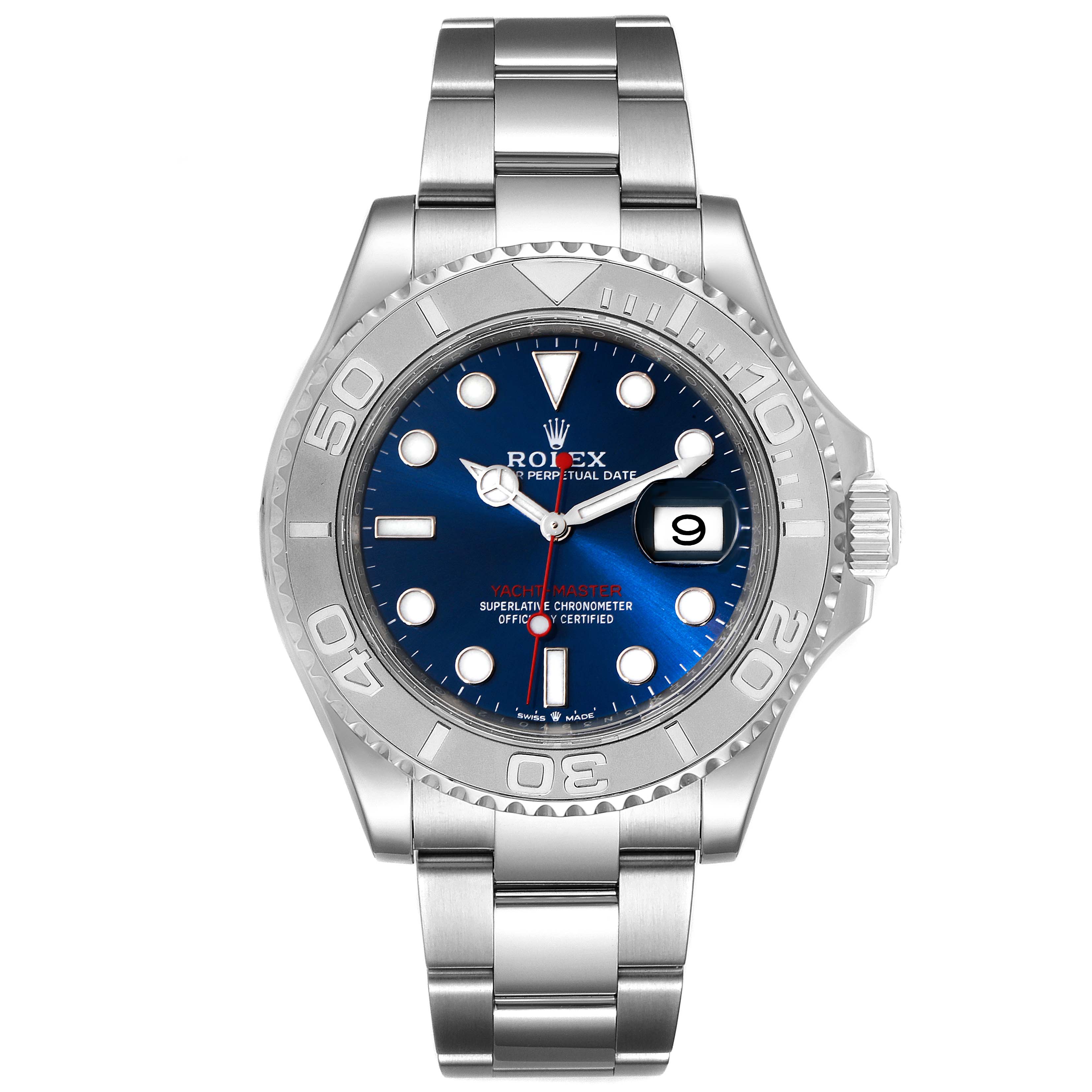 The image shows a frontal view of a Rolex Yacht-Master 126622 Men
s Stainless Steel Blue Dial 126622 Men
s Stainless Steel Blue Dial watch, displaying the dial, bezel, bracelet, and date window.