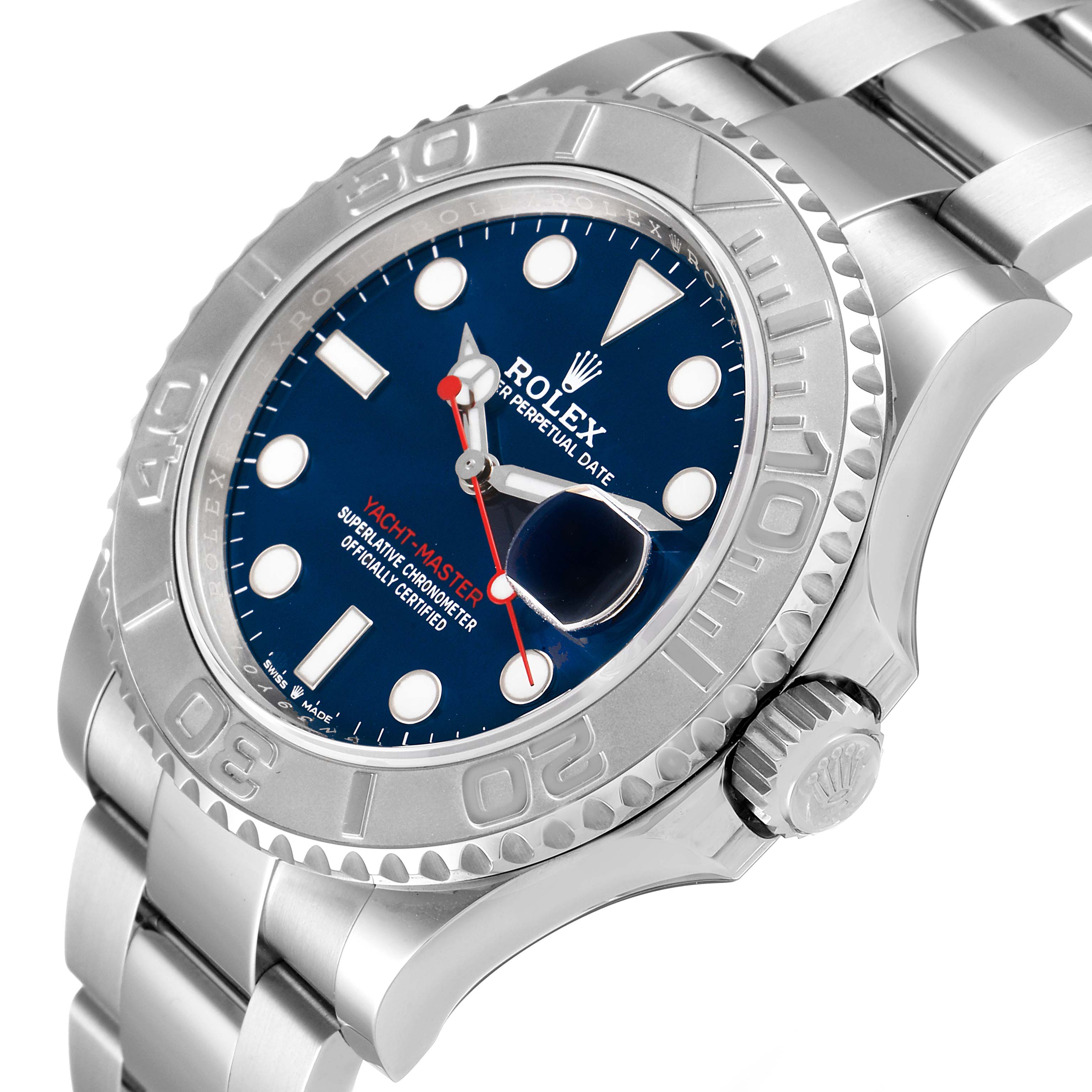 The image shows a Rolex Yacht-Master 126622 Men
s Stainless Steel Blue Dial 126622 Men
s Stainless Steel Blue Dial watch at an angled view, highlighting the face, bezel, crown, and part of the bracelet.