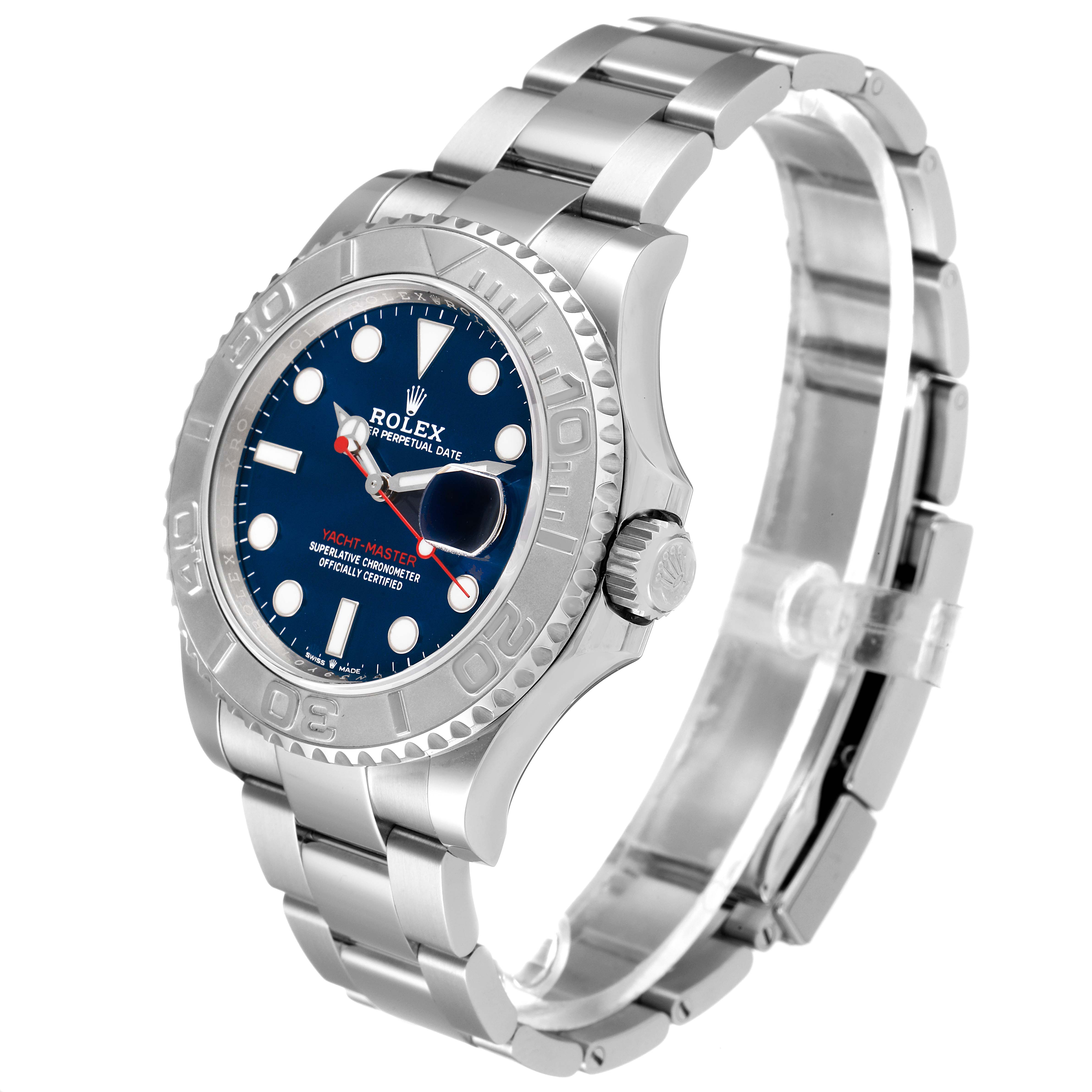 This image shows a Rolex Yacht-Master 126622 Men
s Stainless Steel Blue Dial 126622 Men
s Stainless Steel Blue Dial watch from a three-quarter angle, highlighting the face, bezel, and bracelet.