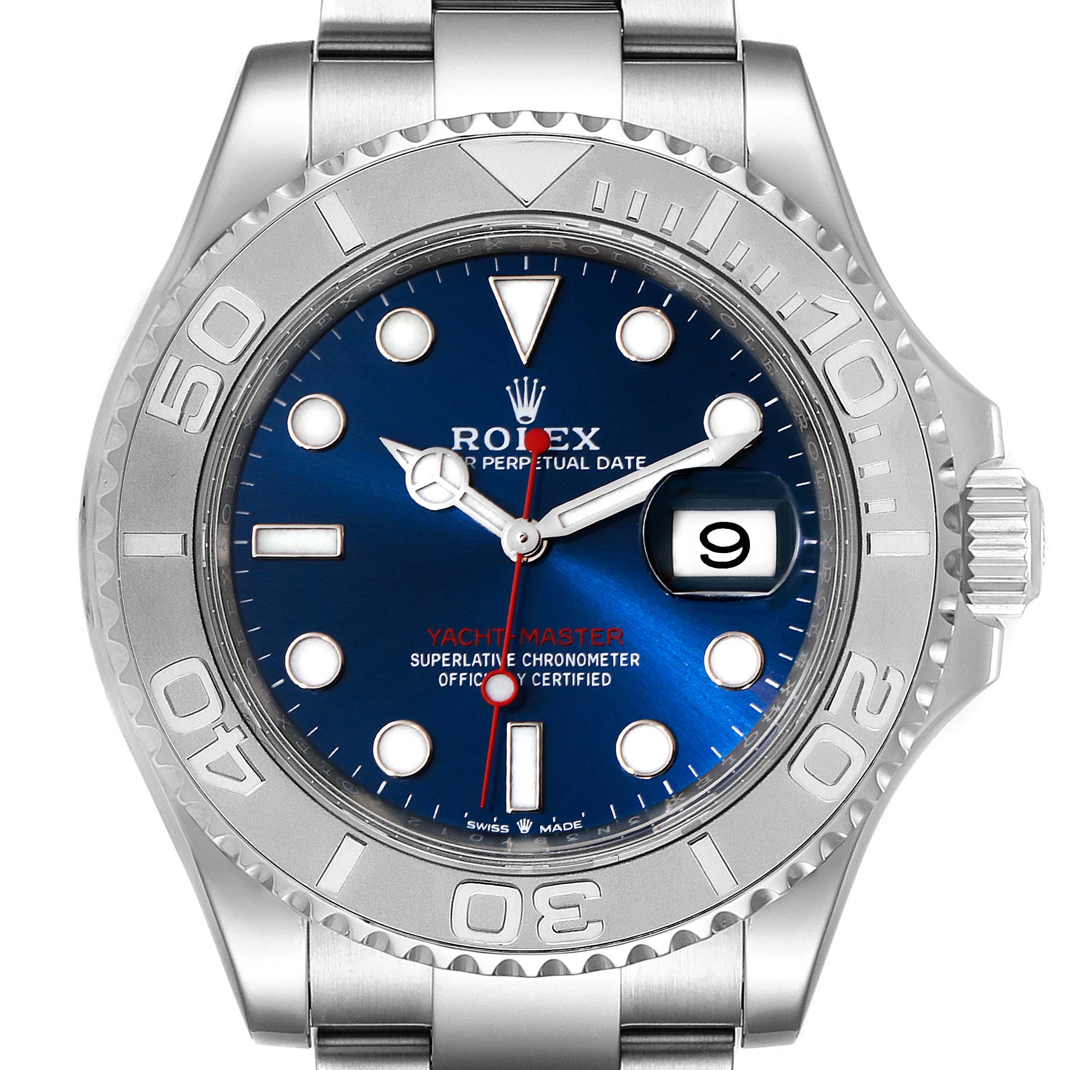 This Rolex Yacht-Master 126622 Men
s Stainless Steel Blue Dial 126622 Men
s Stainless Steel Blue Dial watch is shown from a front angle, displaying its dial, bezel, and bracelet.