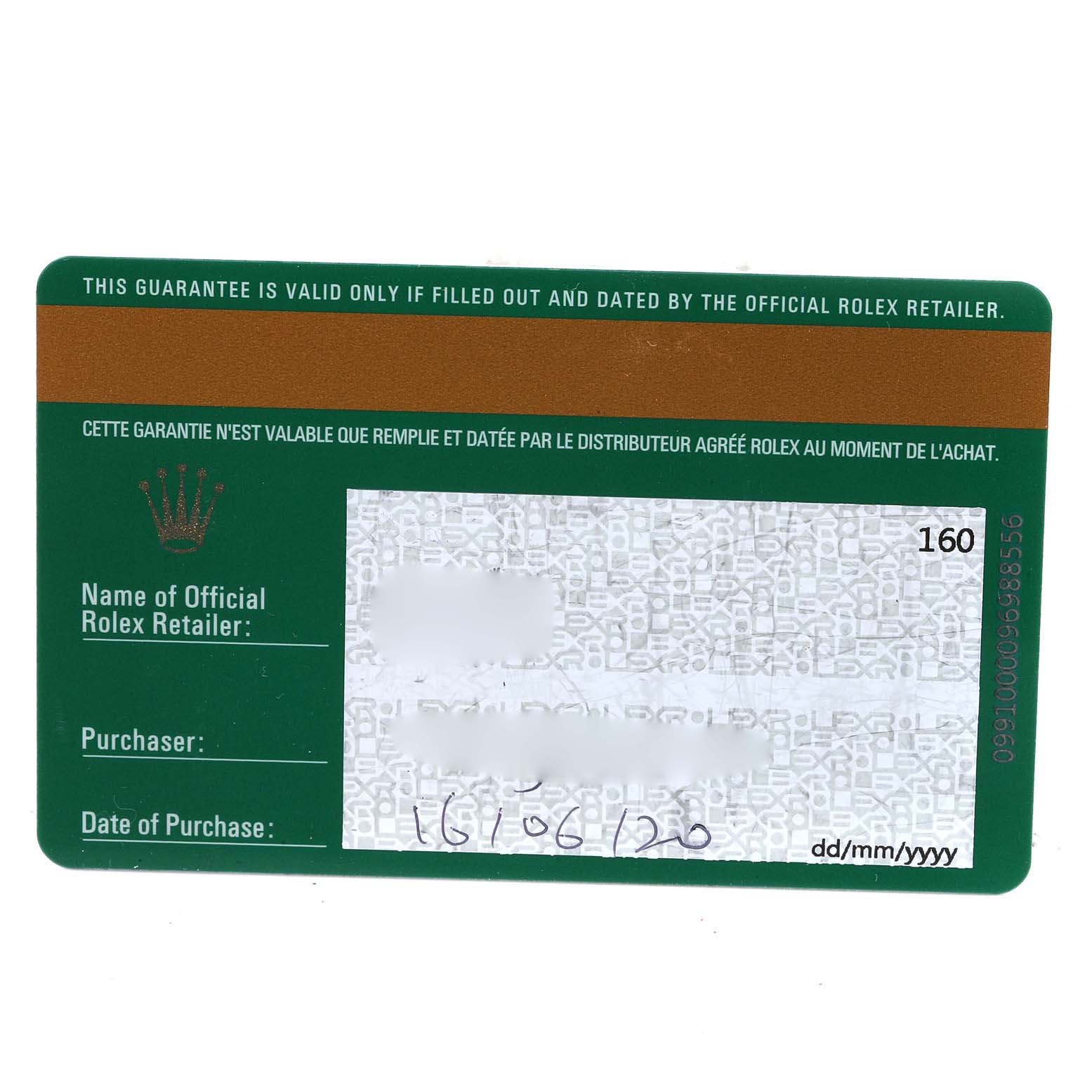 The image shows a guarantee card for the Rolex Yacht-Master 126622 Men
s Stainless Steel Blue Dial 126622 Men
s Stainless Steel Blue Dial watch, displaying fields for seller, purchaser, and date of purchase.