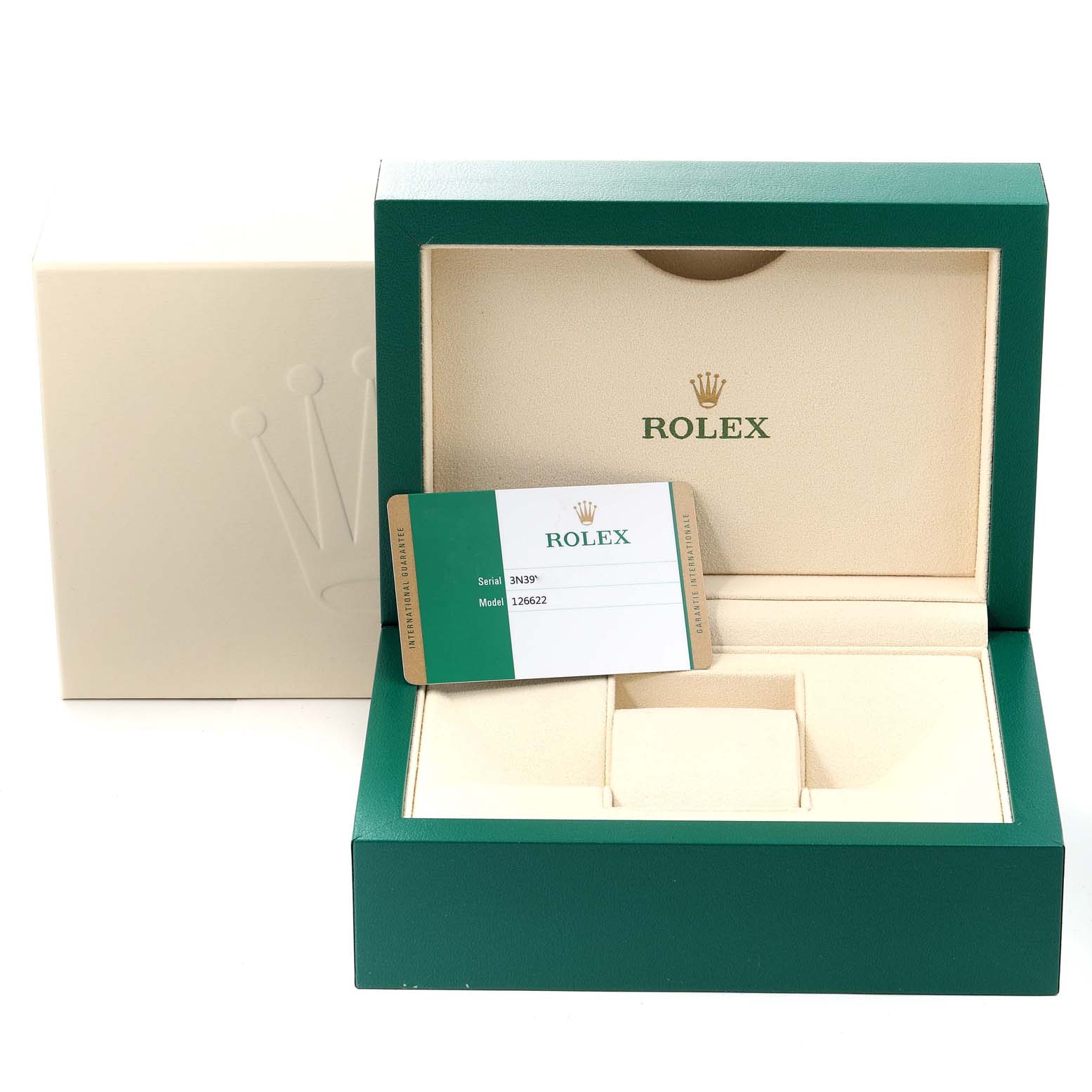 The image shows the packaging and warranty card for the Rolex Yacht-Master 126622 Men
s Stainless Steel Blue Dial 126622 Men
s Stainless Steel Blue Dial model 126622, with the green and beige box open.