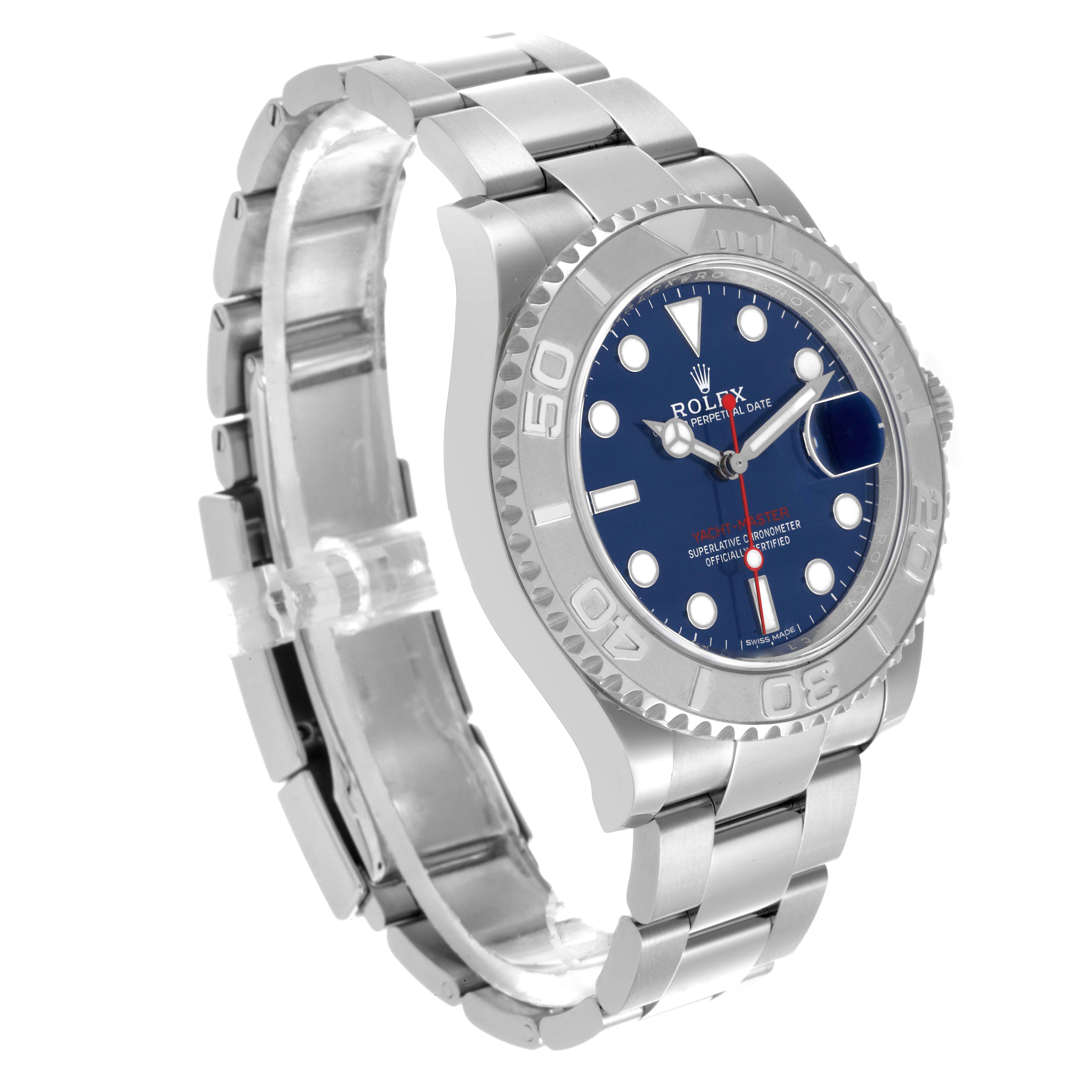 The Rolex Yacht-Master 116622 Men's Stainless Steel Blue Dial 116622 Men's Stainless Steel Blue Dial watch is shown from a front angle, displaying the bracelet, case, bezel, and dial.