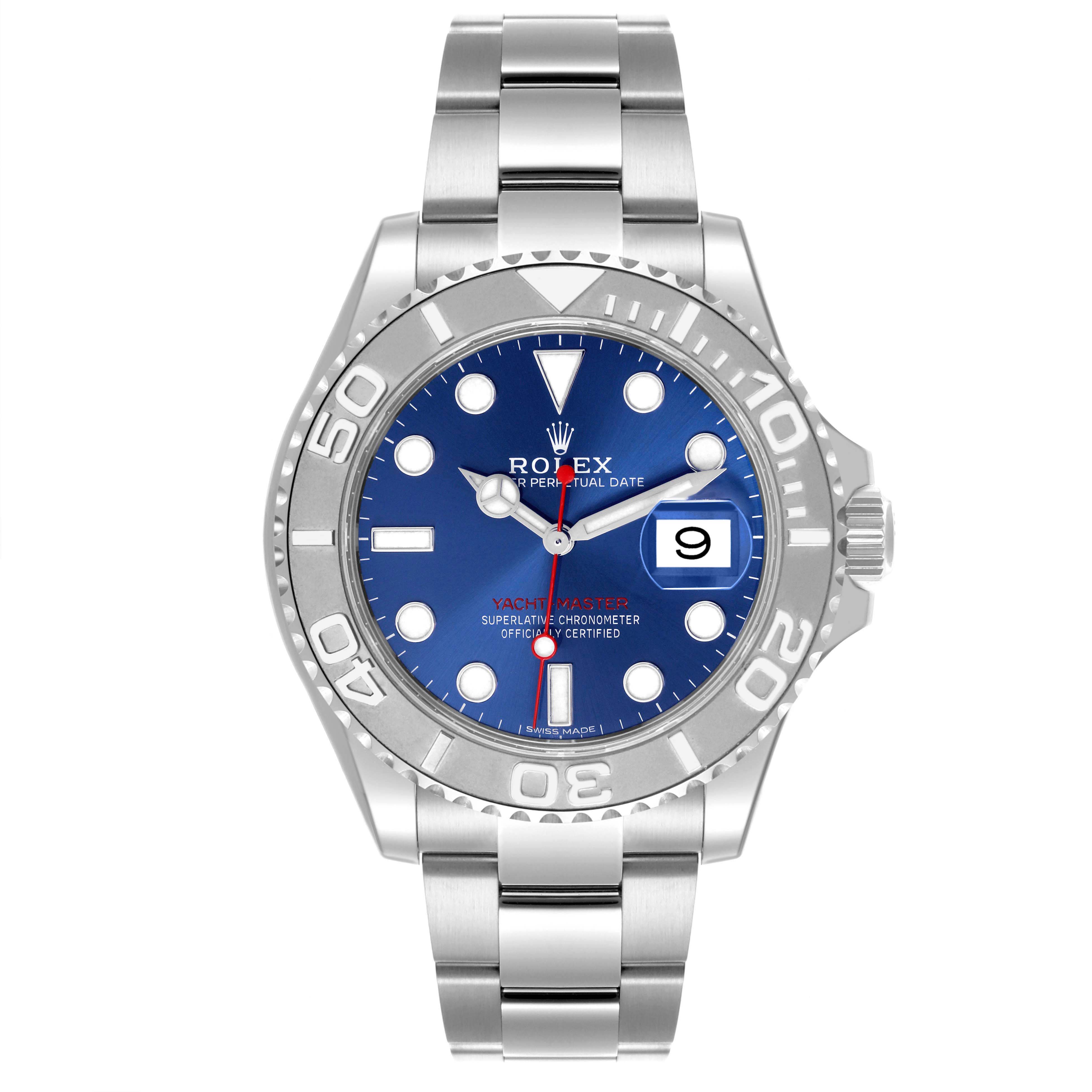 The Rolex Yacht-Master 116622 Men's Stainless Steel Blue Dial 116622 Men's Stainless Steel Blue Dial watch is shown from a front angle, displaying the dial, bezel, and bracelet.