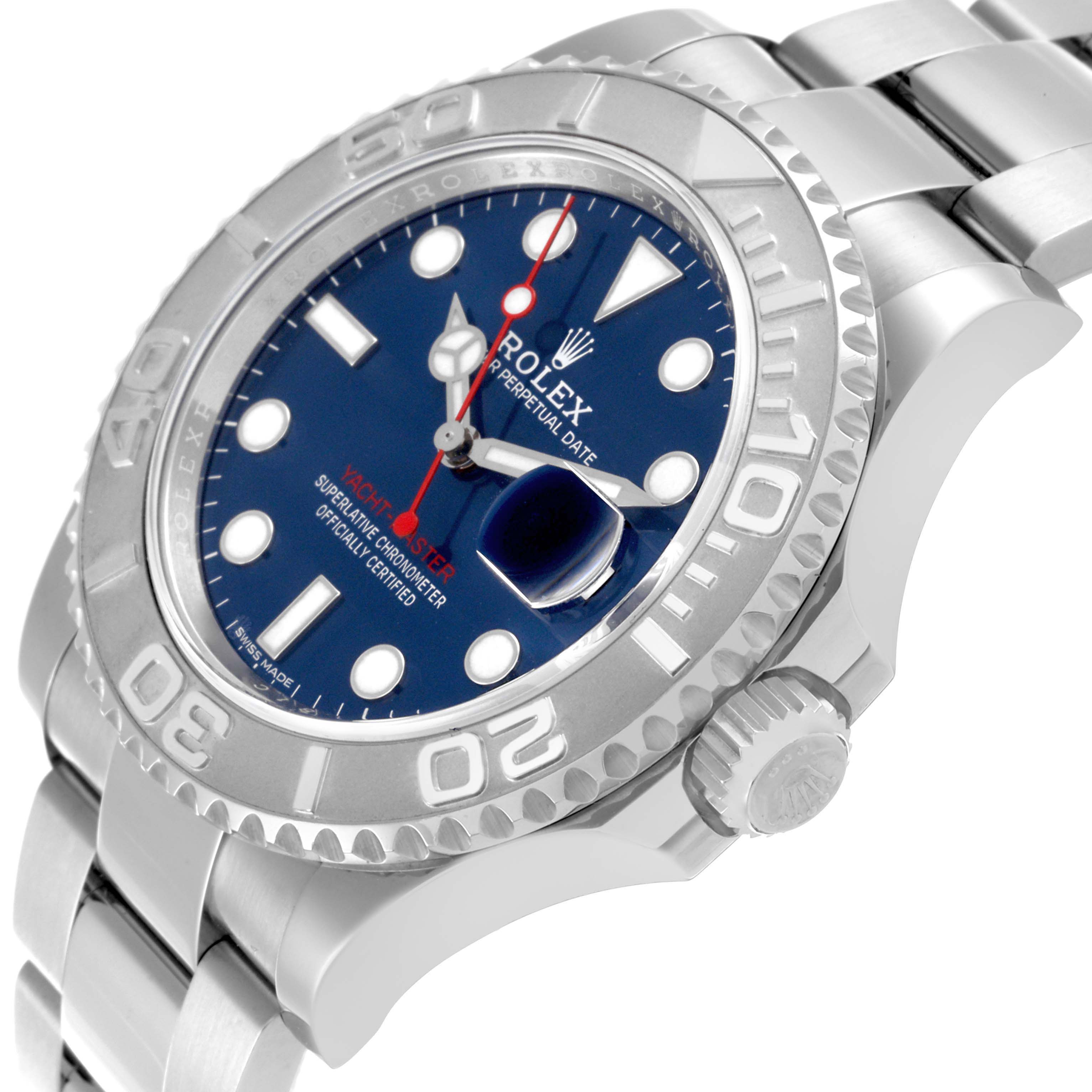 The Rolex Yacht-Master 116622 Men's Stainless Steel Blue Dial 116622 Men's Stainless Steel Blue Dial watch is shown at an angled side view, detailing the bezel, crown, dial, and partial bracelet.