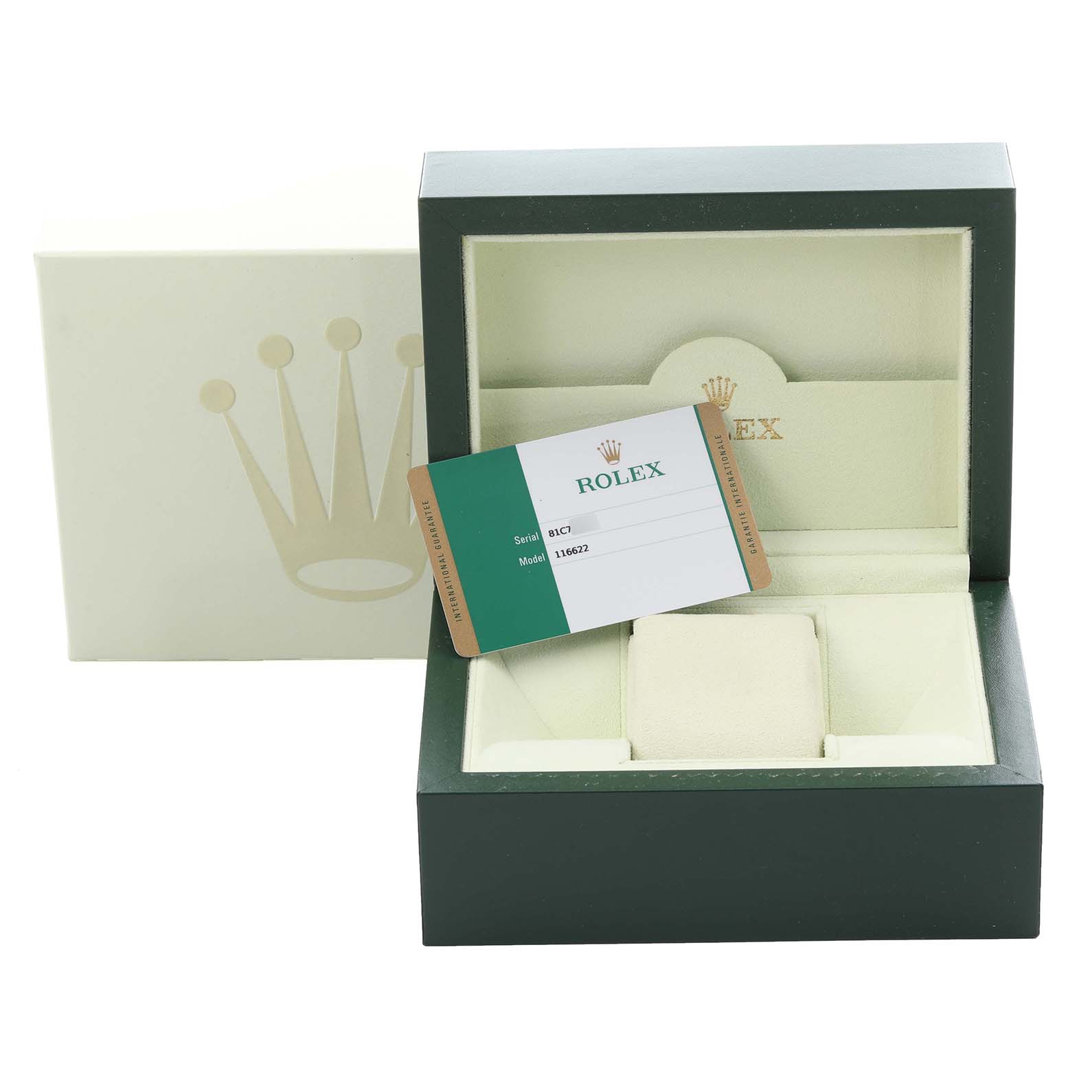 The image shows a Rolex Yacht-Master 116622 Men's Stainless Steel Blue Dial 116622 Men's Stainless Steel Blue Dial box, cardholder, and card from a slightly elevated front angle.