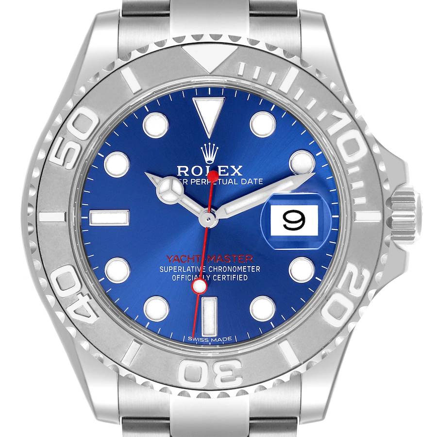 The image shows a front view of a Rolex Yacht-Master, displaying the dial, bezel, and crown.