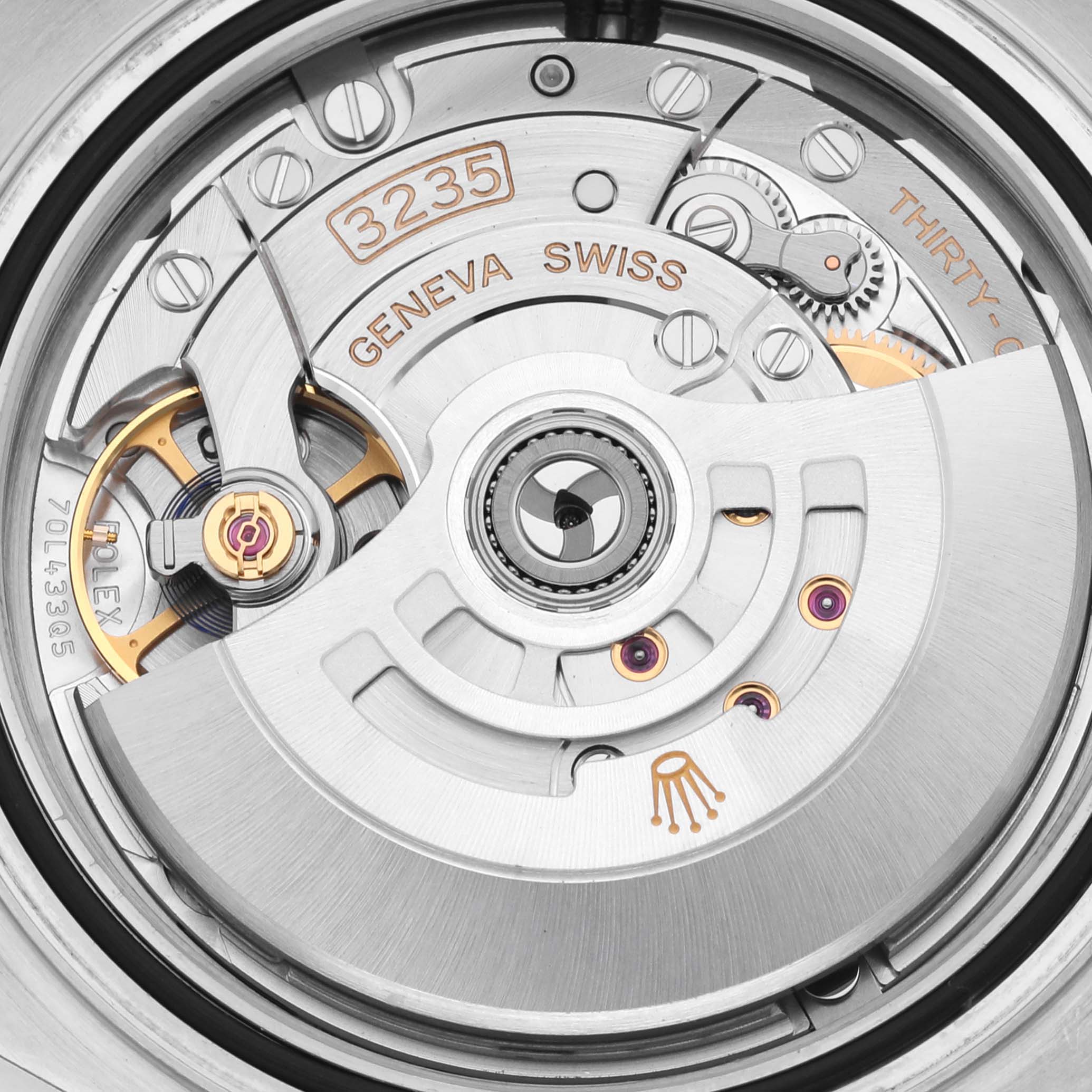 The image shows the movement of the Rolex Yacht-Master 126622 Men's Stainless Steel Grey Dial 126622 Men's Stainless Steel Grey Dial, highlighting the intricate components from a macro angle.