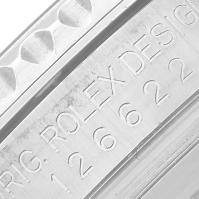 The image shows a close-up of the case with engraved details on a Rolex Yacht-Master 126622 Men's Stainless Steel Grey Dial 126622 Men's Stainless Steel Grey Dial watch.