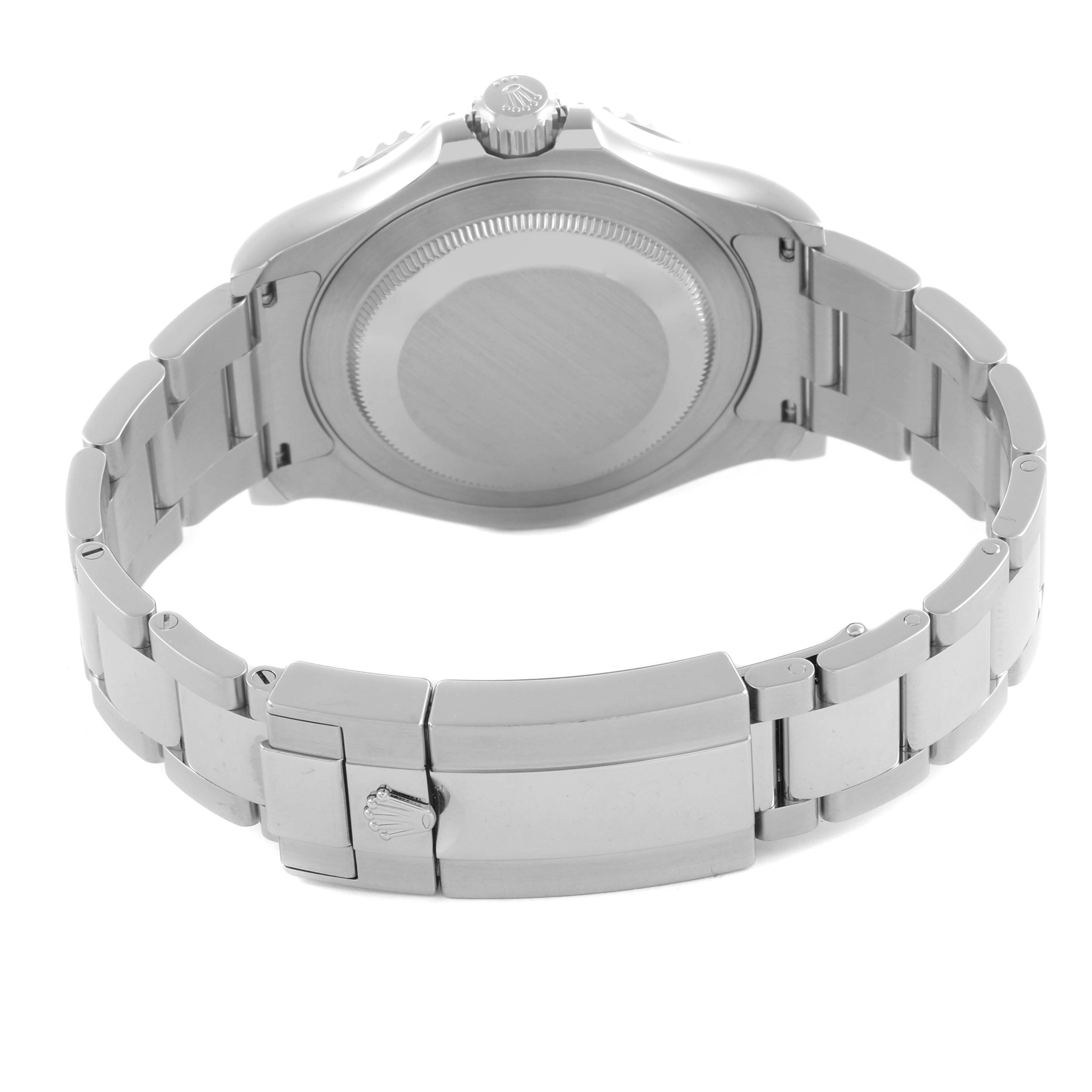 The Rolex Yacht-Master 126622 Men's Stainless Steel Grey Dial 126622 Men's Stainless Steel Grey Dial watch is shown from the back, highlighting the case back and bracelet clasp.