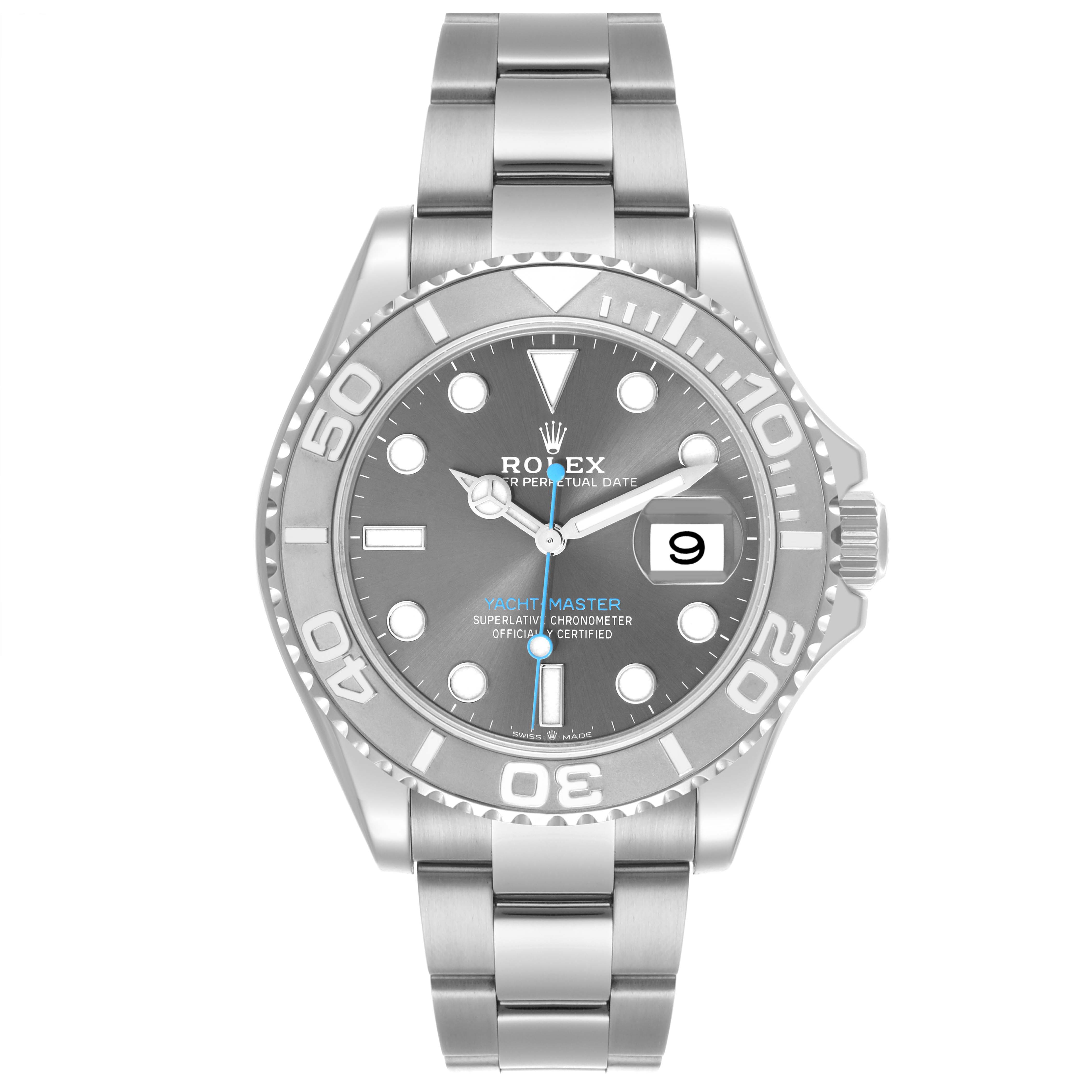 The Rolex Yacht-Master 126622 Men's Stainless Steel Grey Dial 126622 Men's Stainless Steel Grey Dial is shown from a front angle, featuring its dial, bezel, and bracelet.