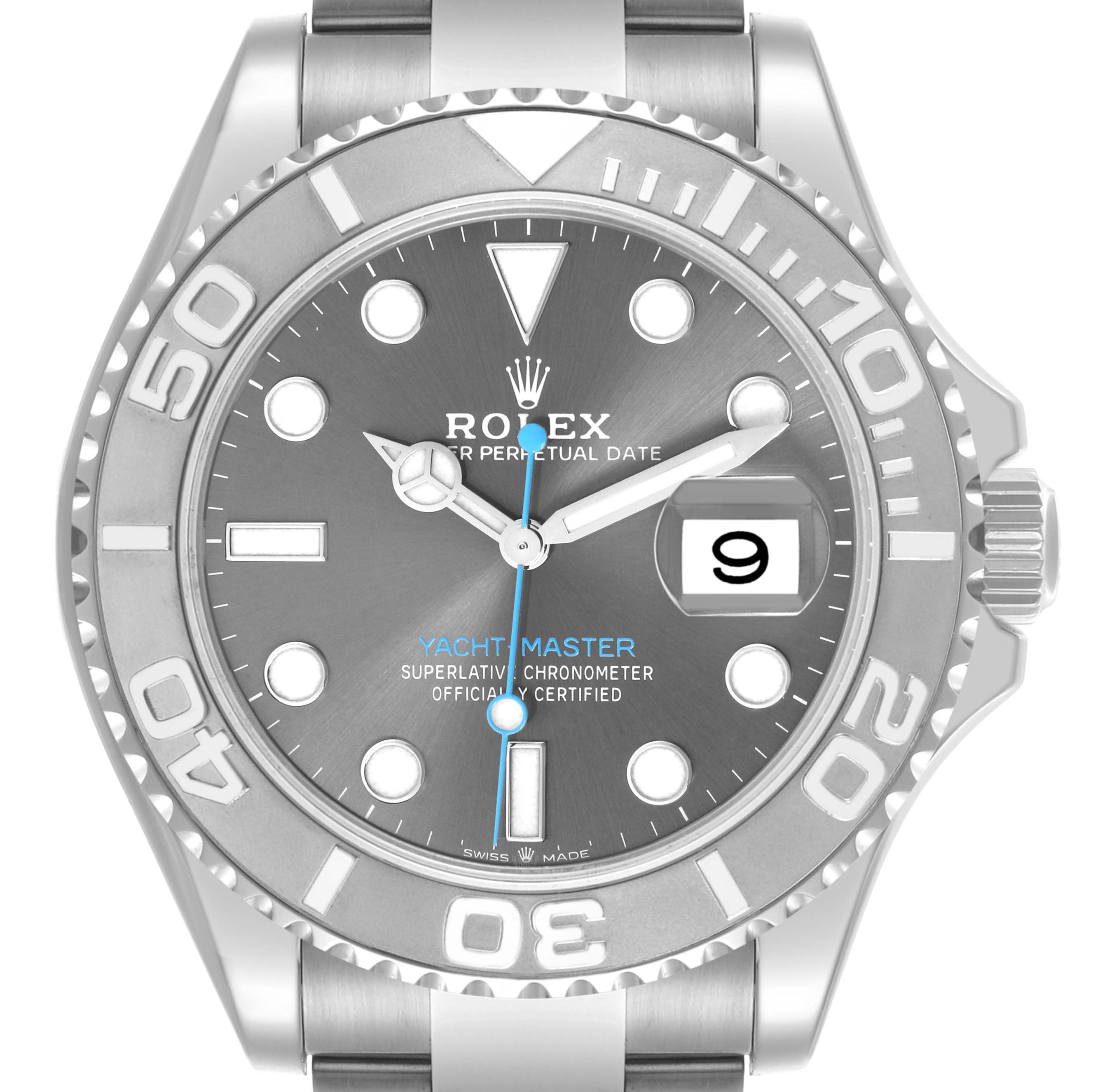 The image shows a front view of the Rolex Yacht-Master 126622 Men's Stainless Steel Grey Dial 126622 Men's Stainless Steel Grey Dial, highlighting the bezel and dial details.