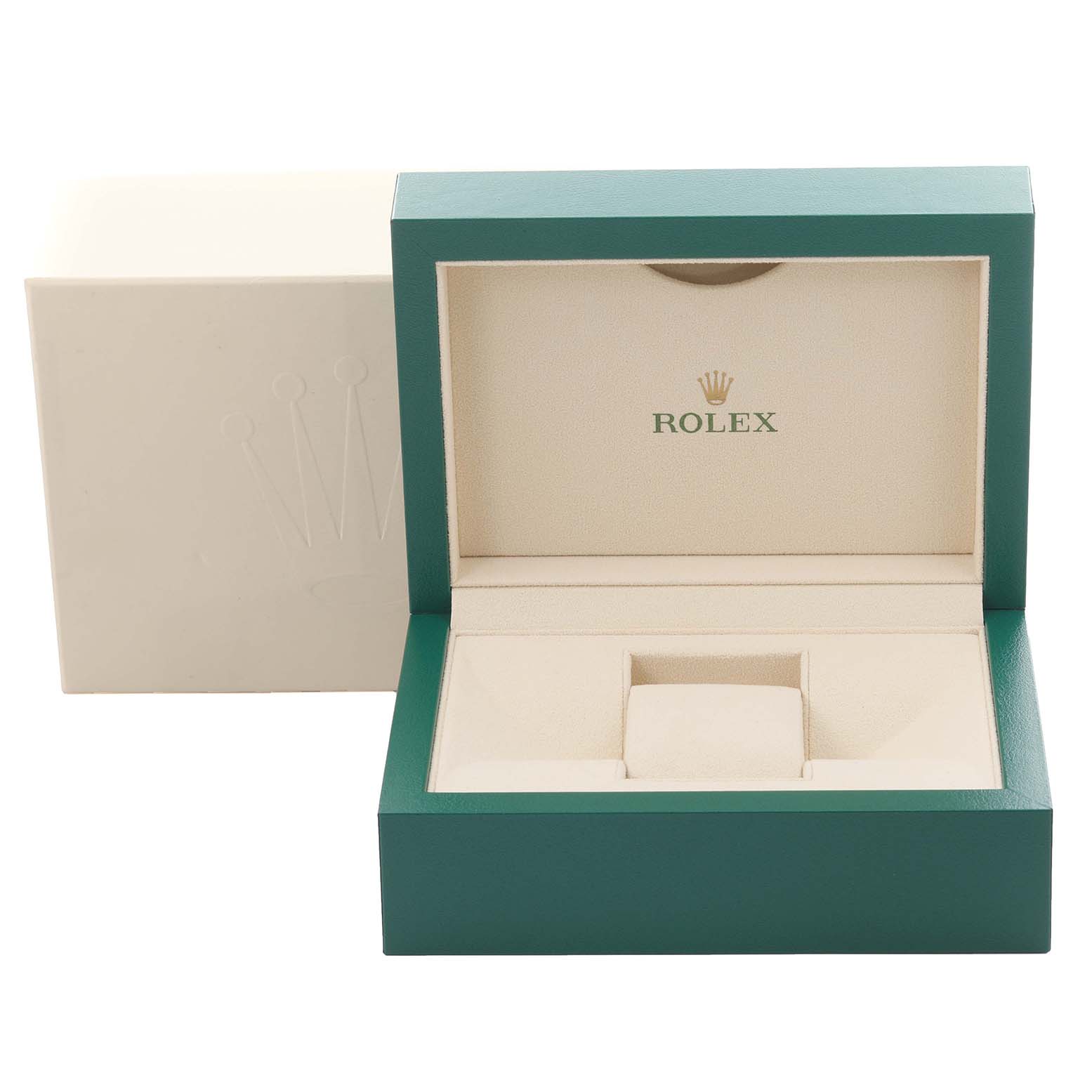 The image shows the Rolex Yacht-Master 126622 Men's Stainless Steel Grey Dial 126622 Men's Stainless Steel Grey Dial watch box, open at an angle, highlighting its interior cushioning and logo.