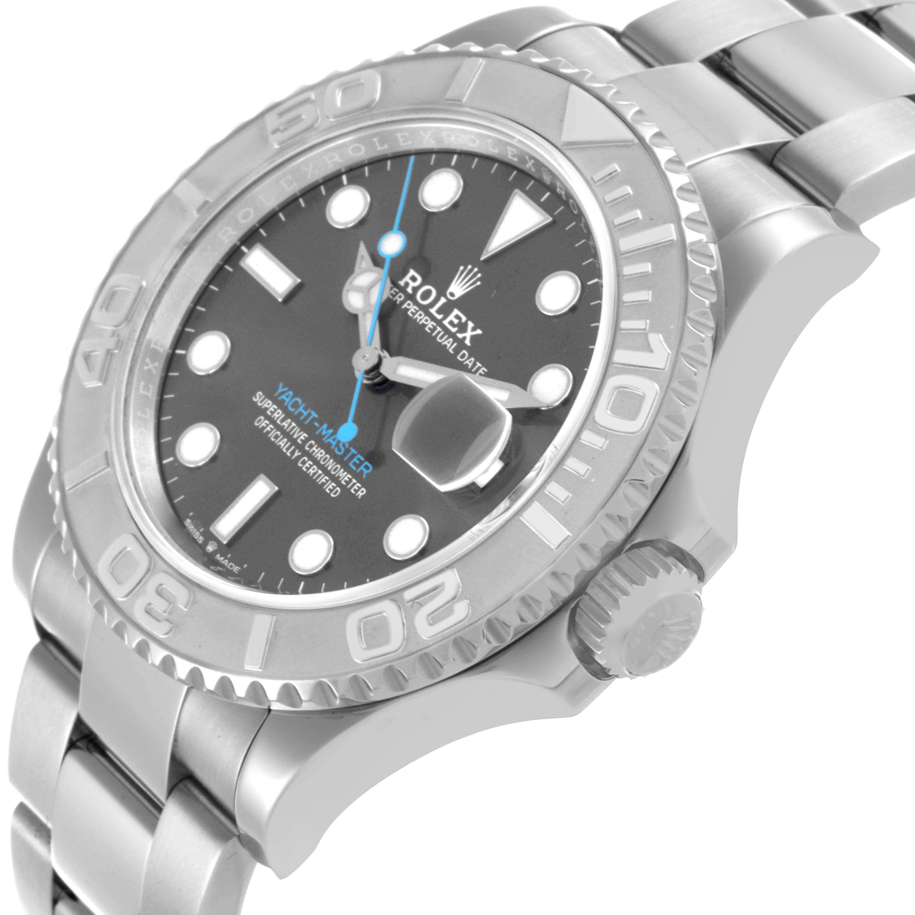The Rolex Yacht-Master 126622 Men's Stainless Steel Grey Dial 126622 Men's Stainless Steel Grey Dial watch is displayed at an angled side view, showing the bezel, dial, and part of the bracelet.