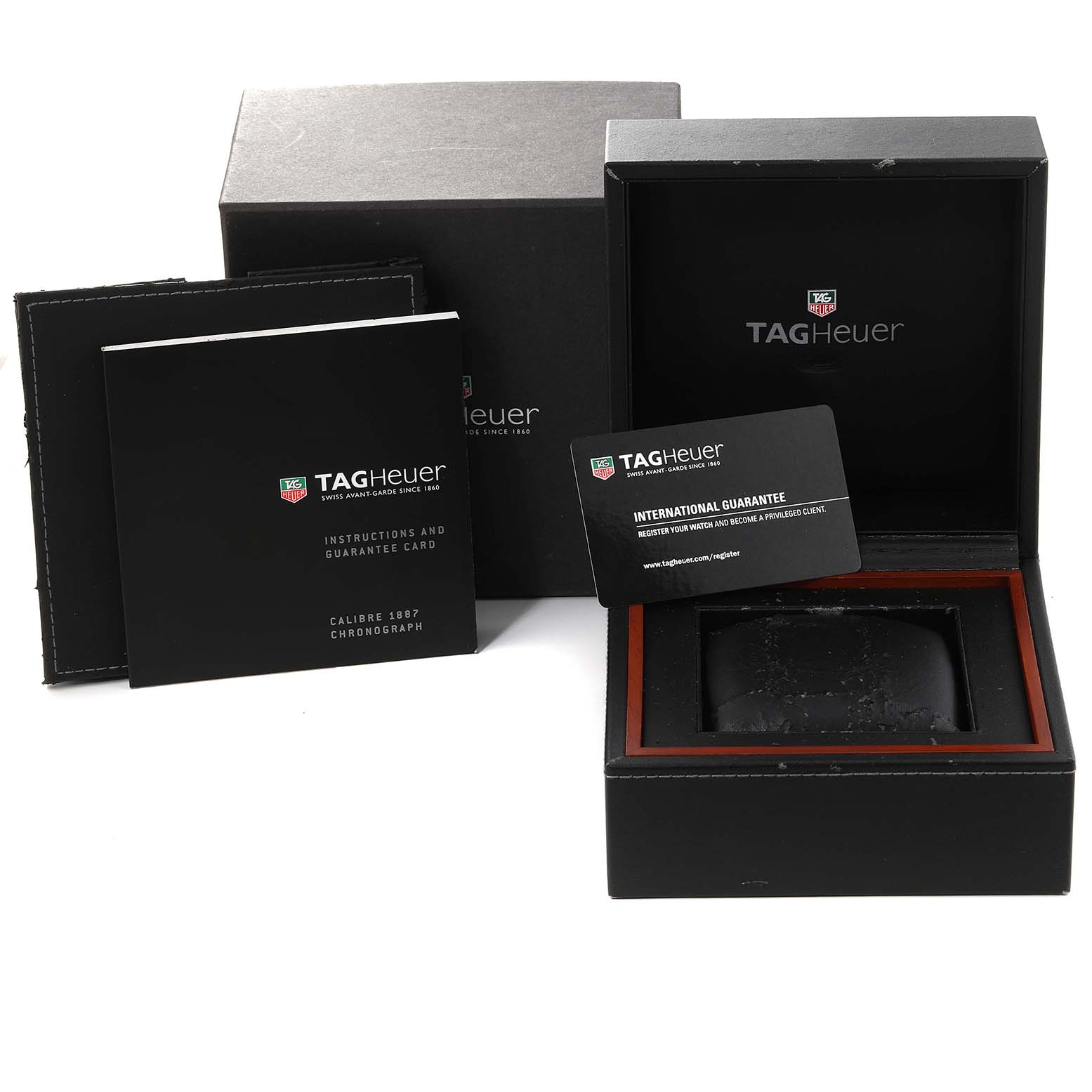 The image shows the box, guarantee card, instruction booklet, and case for a Tag Heuer Carrera CAR2112.FC6267 Men's Stainless Steel Brown Dial CAR2112.FC6267 Men's Stainless Steel Brown Dial watch from the front angle.