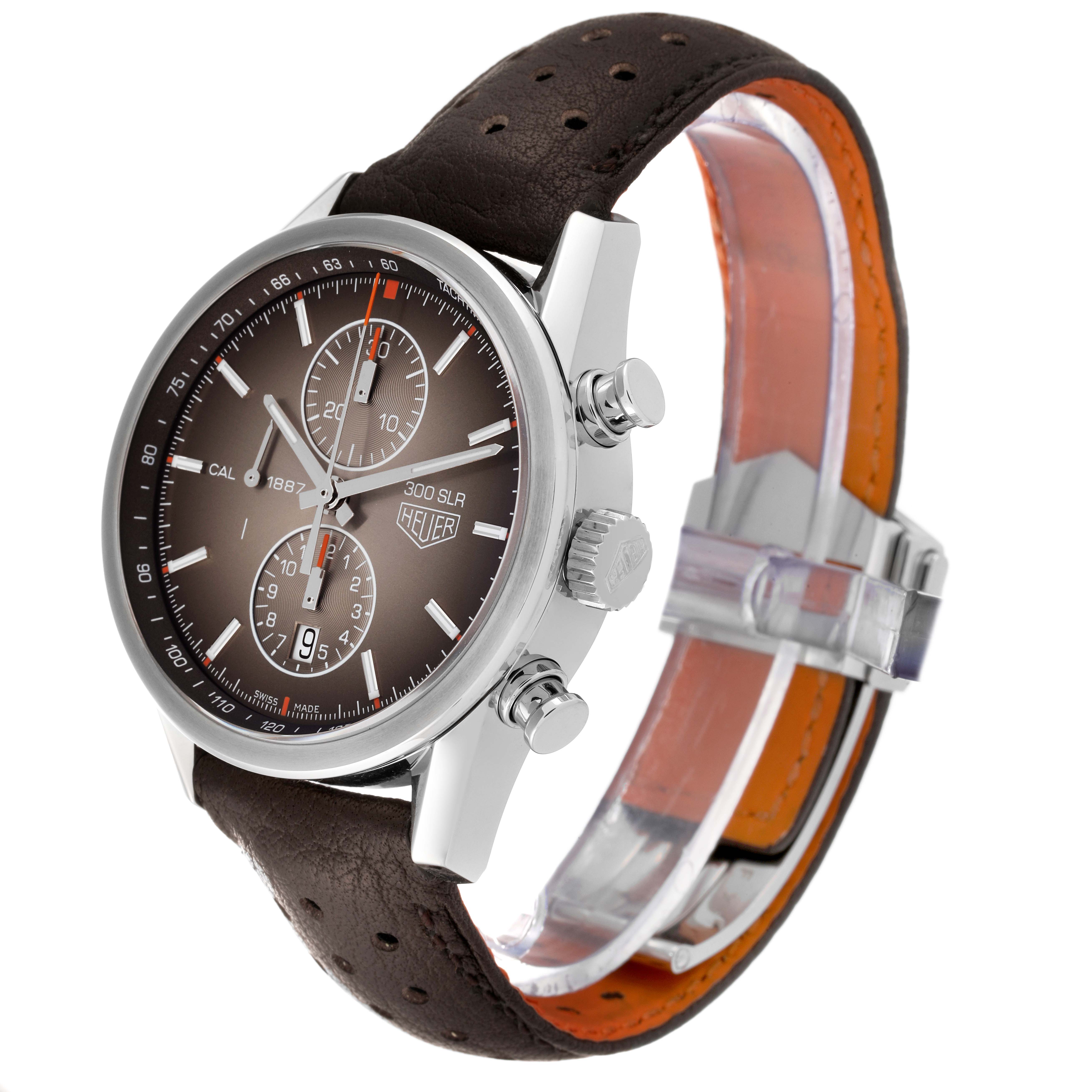 This image shows a Tag Heuer Carrera CAR2112.FC6267 Men's Stainless Steel Brown Dial CAR2112.FC6267 Men's Stainless Steel Brown Dial watch at a three-quarter angle, highlighting the dial, case, and part of the leather strap.