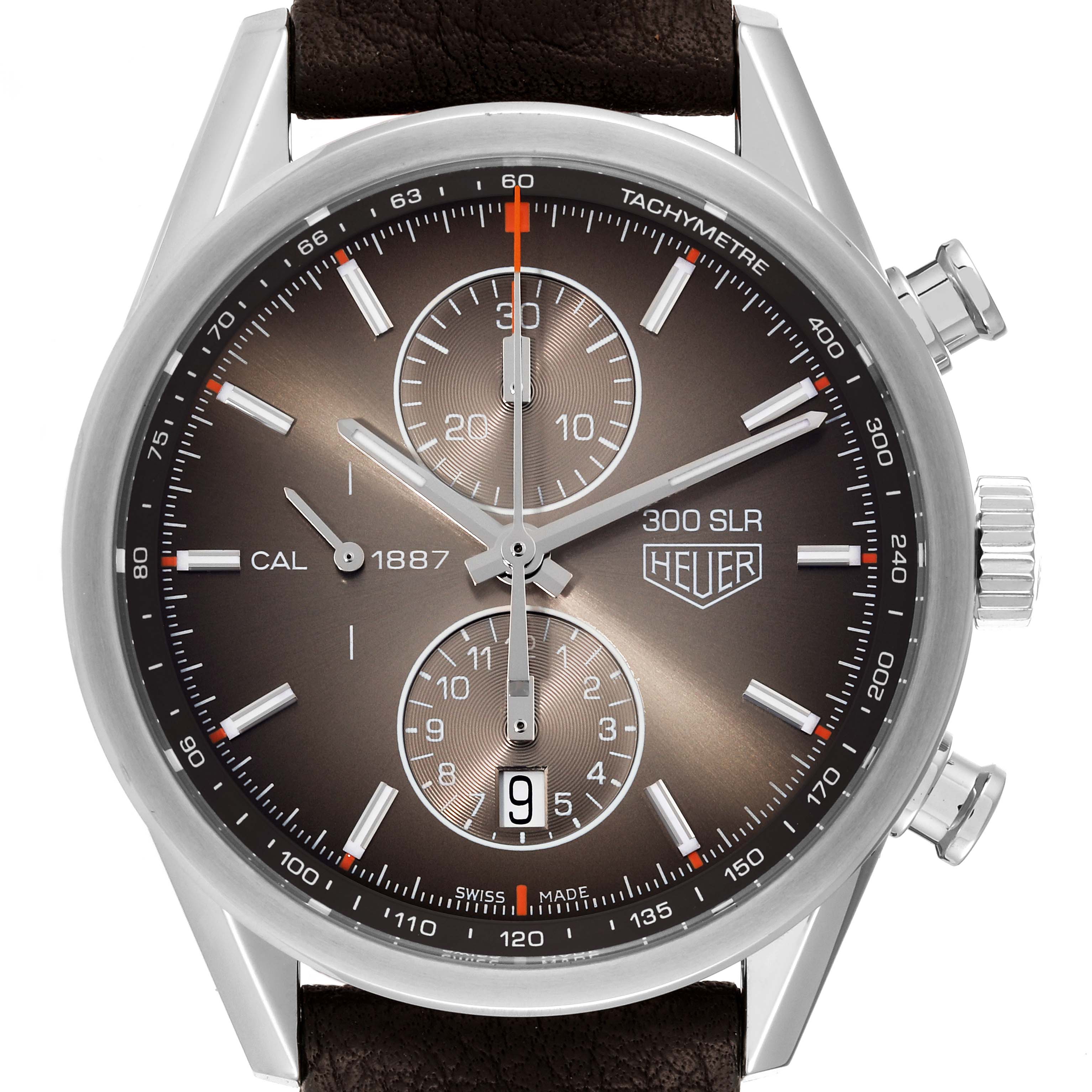 The image shows a close-up, front view of the face of a Tag Heuer Carrera CAR2112.FC6267 Men's Stainless Steel Brown Dial CAR2112.FC6267 Men's Stainless Steel Brown Dial 300 SLR watch with detailed chronograph dials and date display.