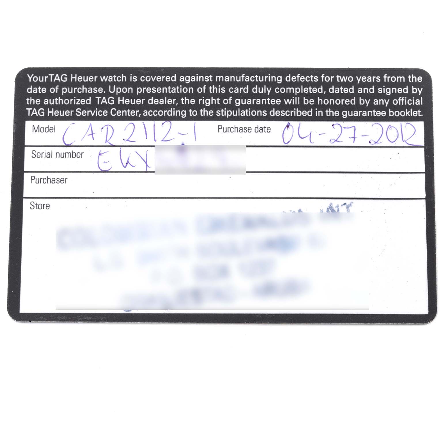 The image shows a filled-out guarantee card for a Tag Heuer Carrera CAR2112.FC6267 Men's Stainless Steel Brown Dial CAR2112.FC6267 Men's Stainless Steel Brown Dial model, detailing the purchase date and serial number.