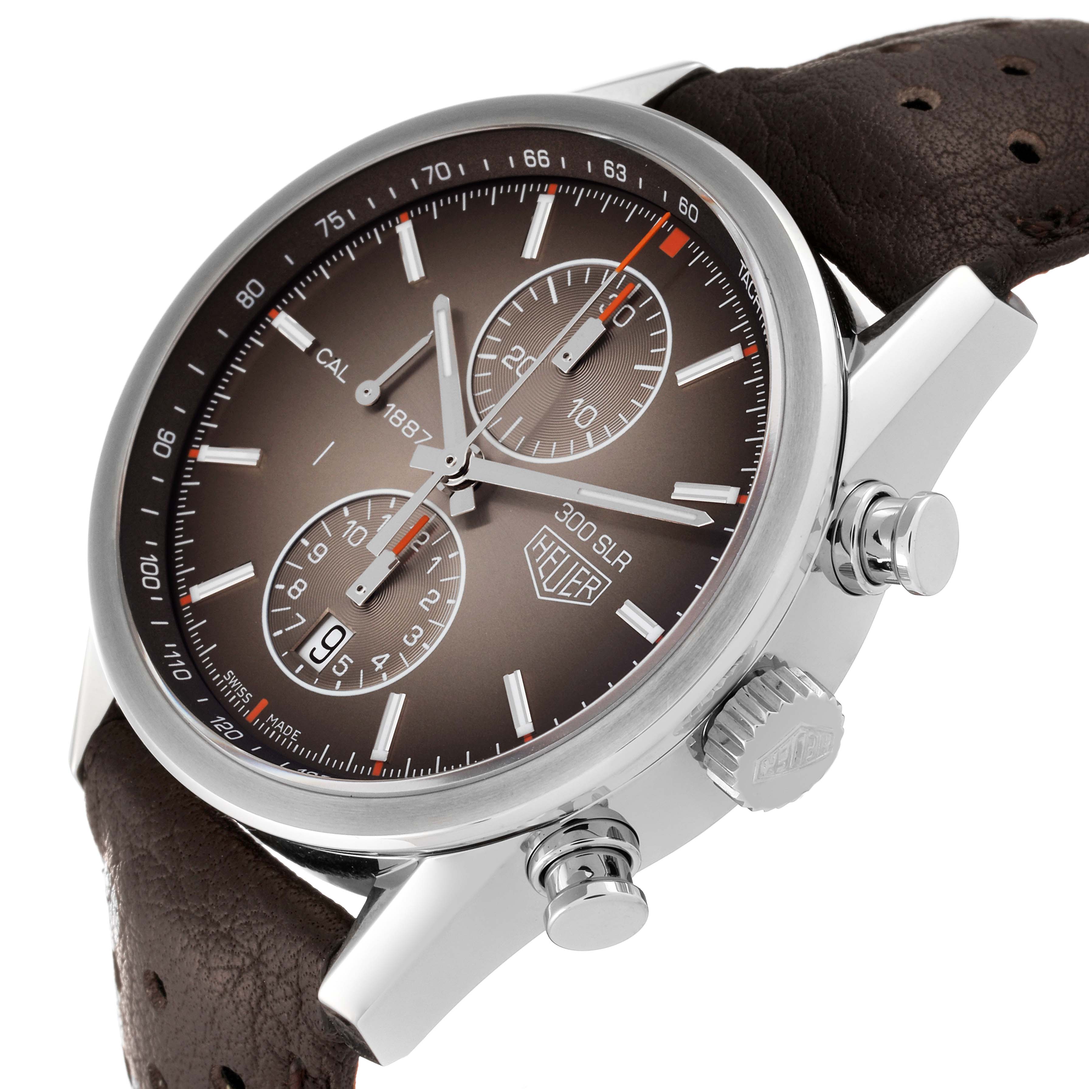 This image shows a side view of the Tag Heuer Carrera CAR2112.FC6267 Men's Stainless Steel Brown Dial CAR2112.FC6267 Men's Stainless Steel Brown Dial watch, highlighting its dial, crown, and pushers.