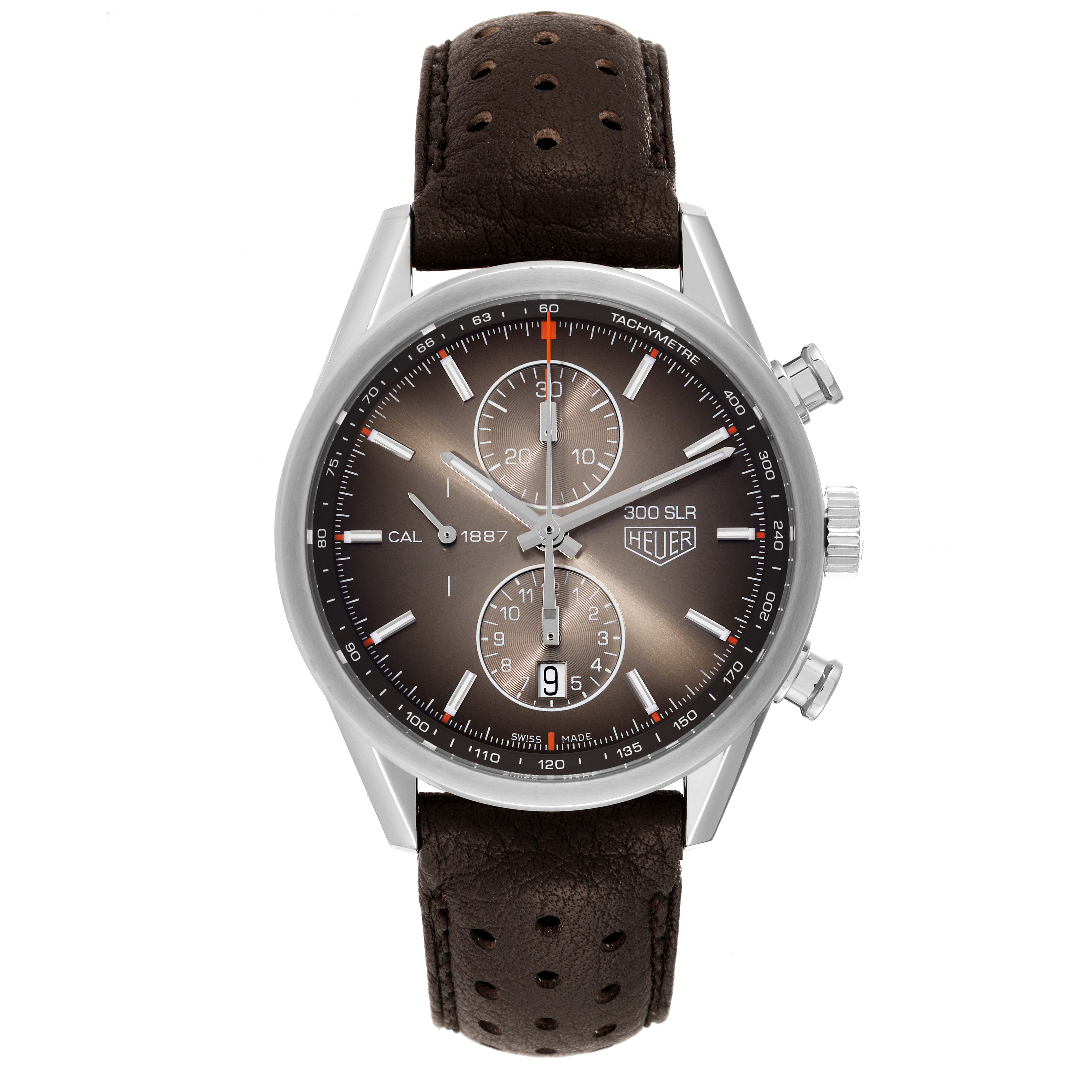 The image shows a front view of a Tag Heuer Carrera CAR2112.FC6267 Men's Stainless Steel Brown Dial CAR2112.FC6267 Men's Stainless Steel Brown Dial 300 SLR watch with a brown perforated leather strap.