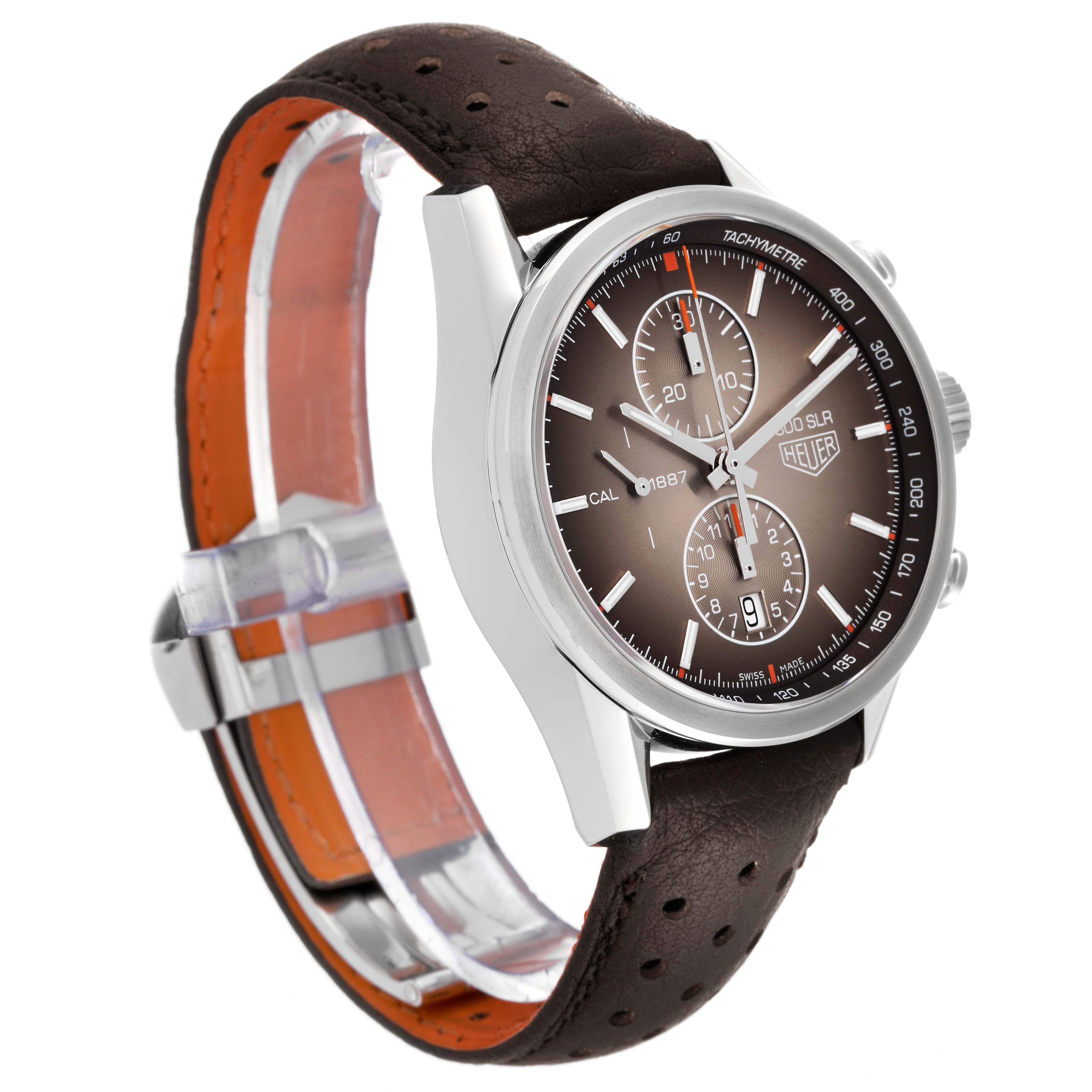 The Tag Heuer Carrera CAR2112.FC6267 Men's Stainless Steel Brown Dial CAR2112.FC6267 Men's Stainless Steel Brown Dial watch is shown at a slight angle, displaying its face, side buttons, and brown leather strap.