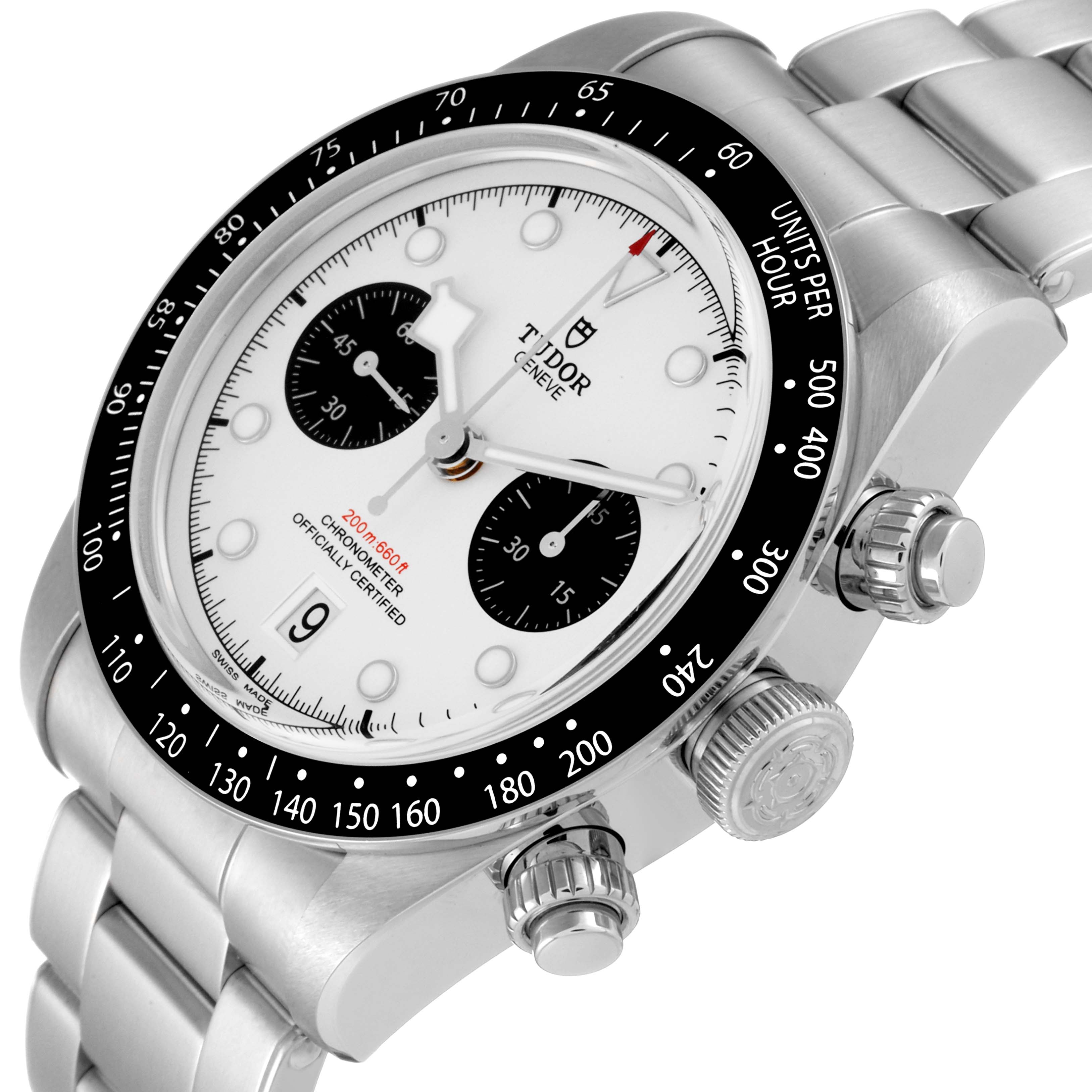 The Tudor Heritage Black Bay M79360N-0002 Men's Stainless Steel Silver Dial M79360N-0002 Men's Stainless Steel Silver Dial watch is shown from a 45-degree angle, displaying the dial, bezel, chronograph buttons, and a portion of the bracelet.