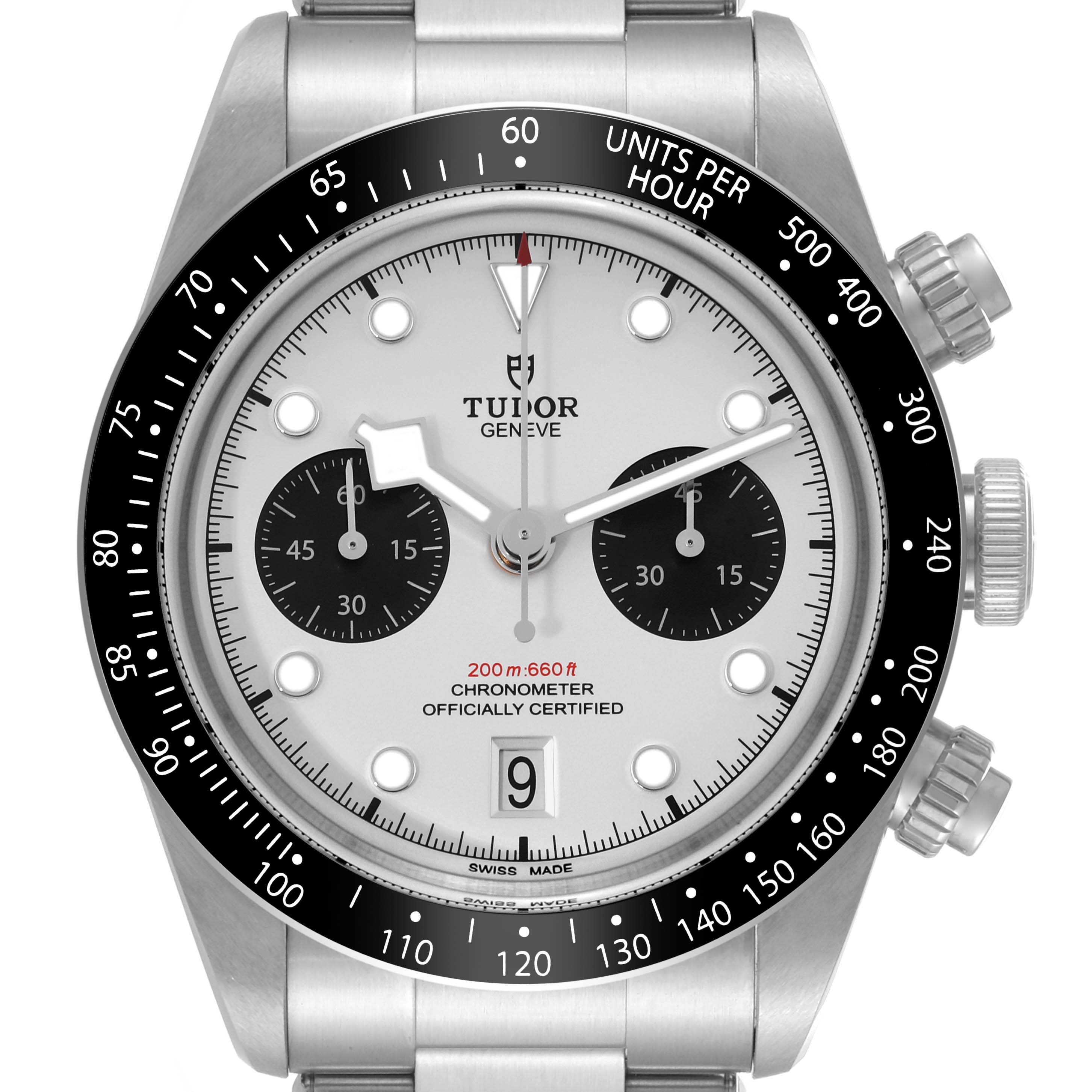 The image shows a front view of the Tudor Heritage Black Bay M79360N-0002 Men's Stainless Steel Silver Dial M79360N-0002 Men's Stainless Steel Silver Dial watch, highlighting its dial, bezel, and chronograph functions.
