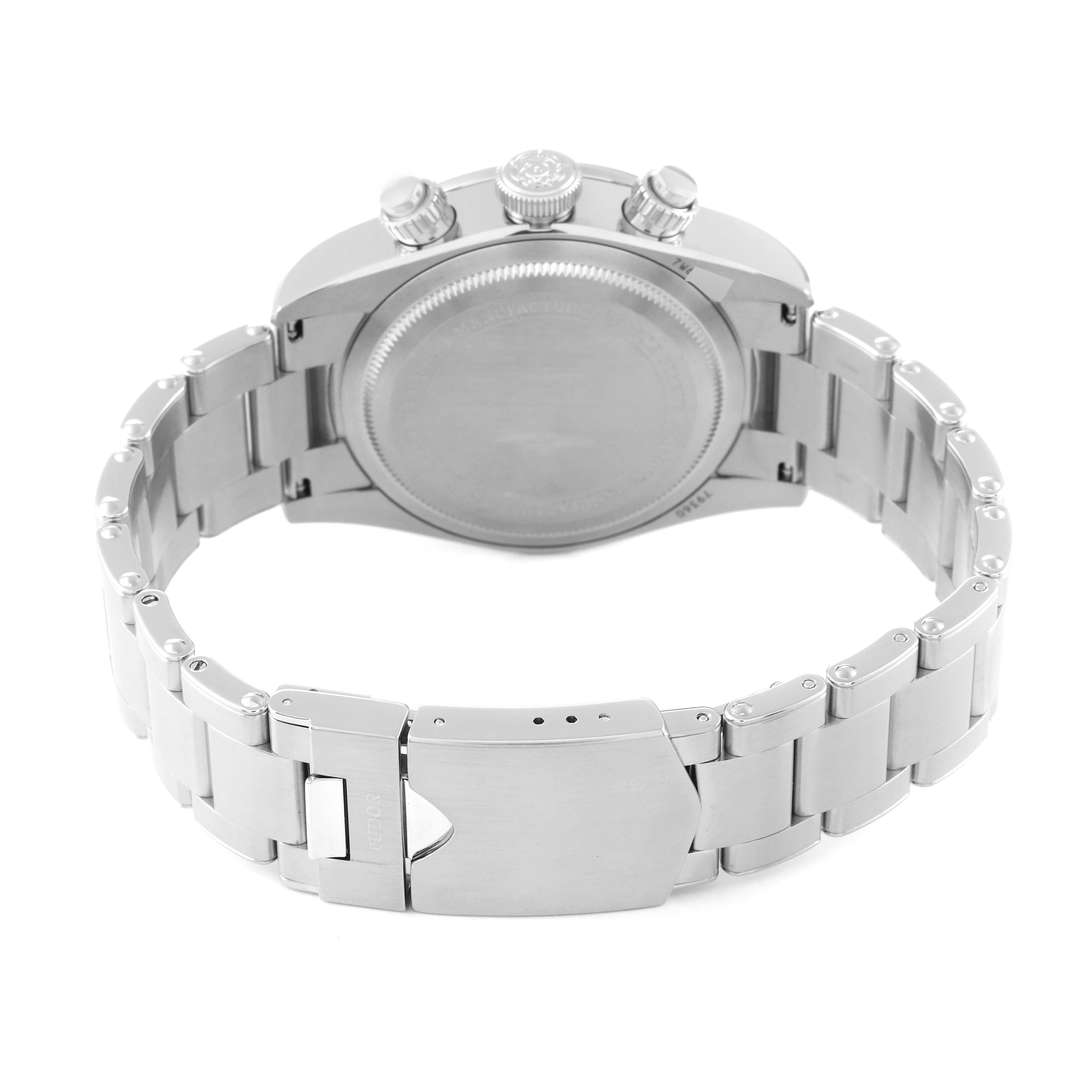 This image shows the back angle of the Tudor Heritage Black Bay M79360N-0002 Men's Stainless Steel Silver Dial M79360N-0002 Men's Stainless Steel Silver Dial watch, highlighting its stainless steel case and bracelet.