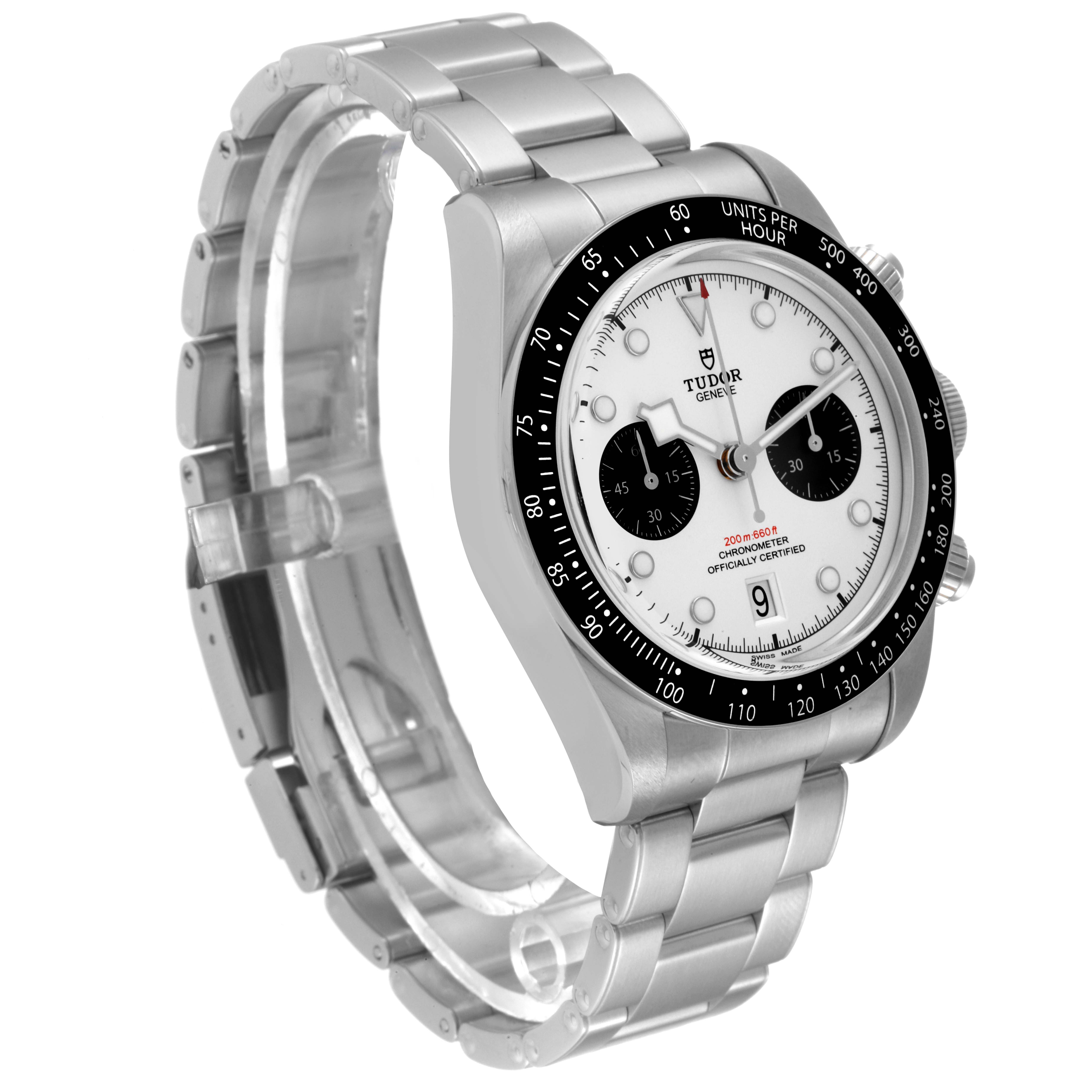 The Tudor Heritage Black Bay M79360N-0002 Men's Stainless Steel Silver Dial M79360N-0002 Men's Stainless Steel Silver Dial watch is shown at a three-quarter angle, displaying the bracelet, bezel, dial, and crown.