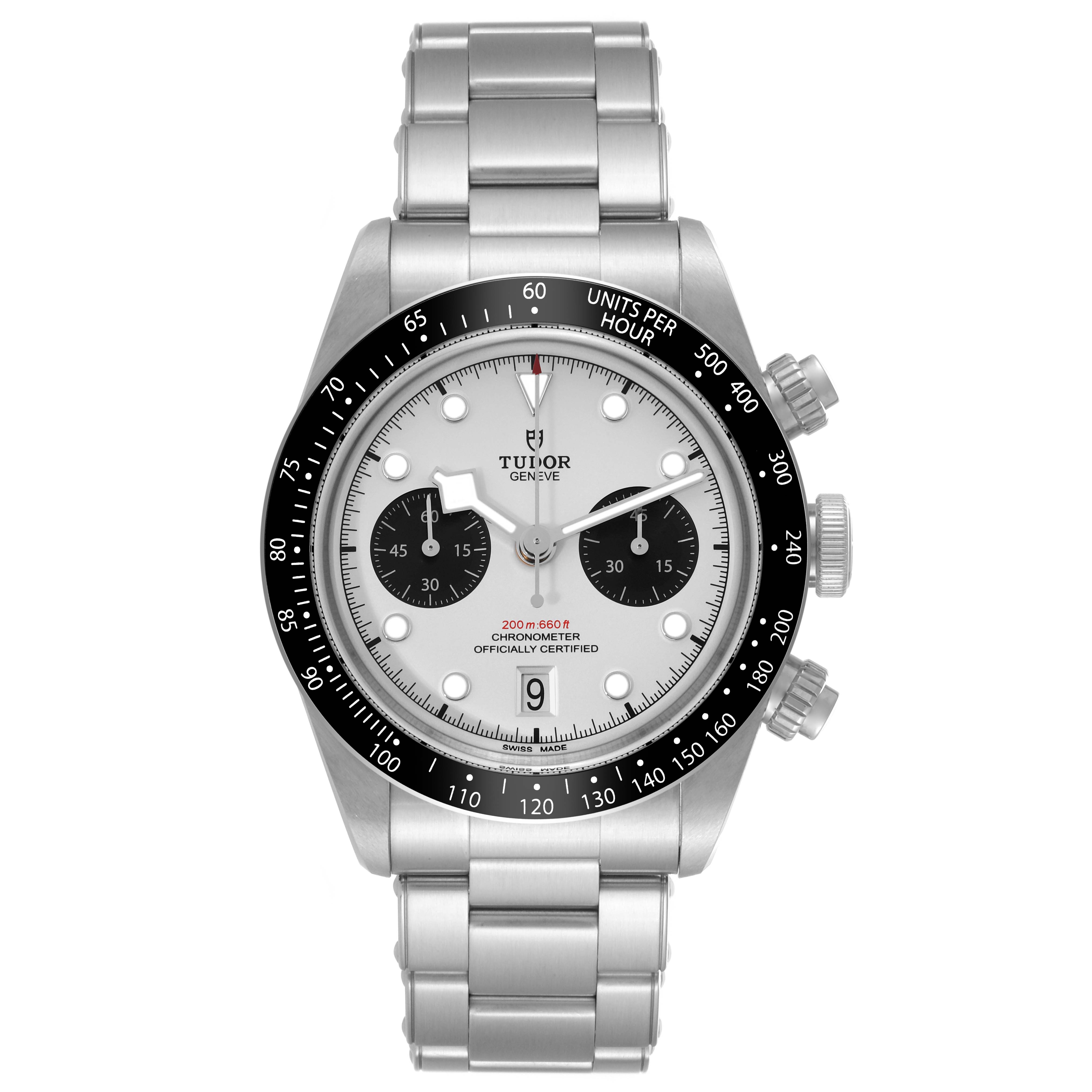 The Tudor Heritage Black Bay M79360N-0002 Men's Stainless Steel Silver Dial M79360N-0002 Men's Stainless Steel Silver Dial watch is shown from a front angle, displaying its face, bezel, and stainless steel bracelet.