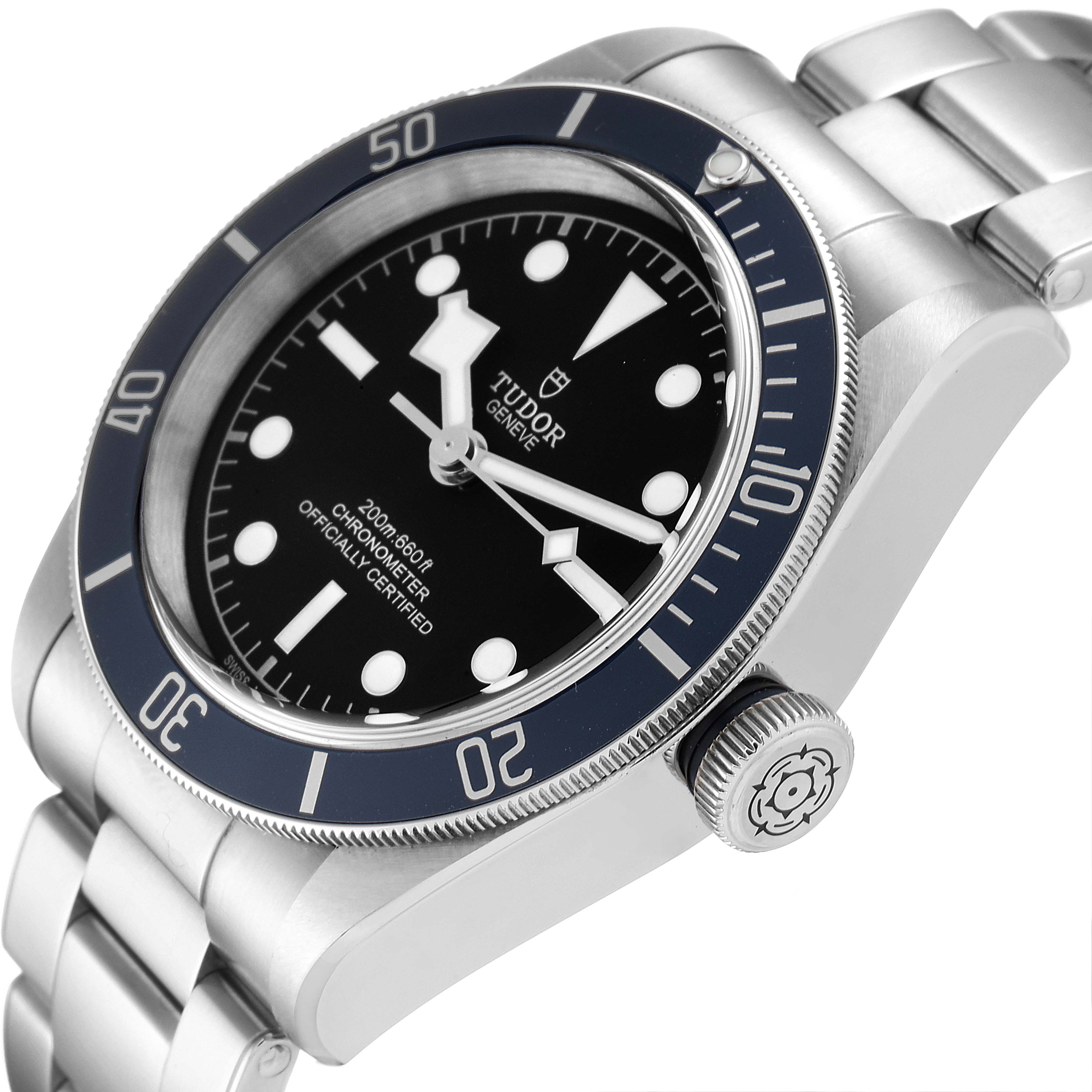 The image showcases a close-up side angle of the Tudor Heritage Black Bay 79230B Men
s Stainless Steel Black Dial 79230B Men
s Stainless Steel Black Dial watch, highlighting the face, bezel, crown, and metal bracelet.