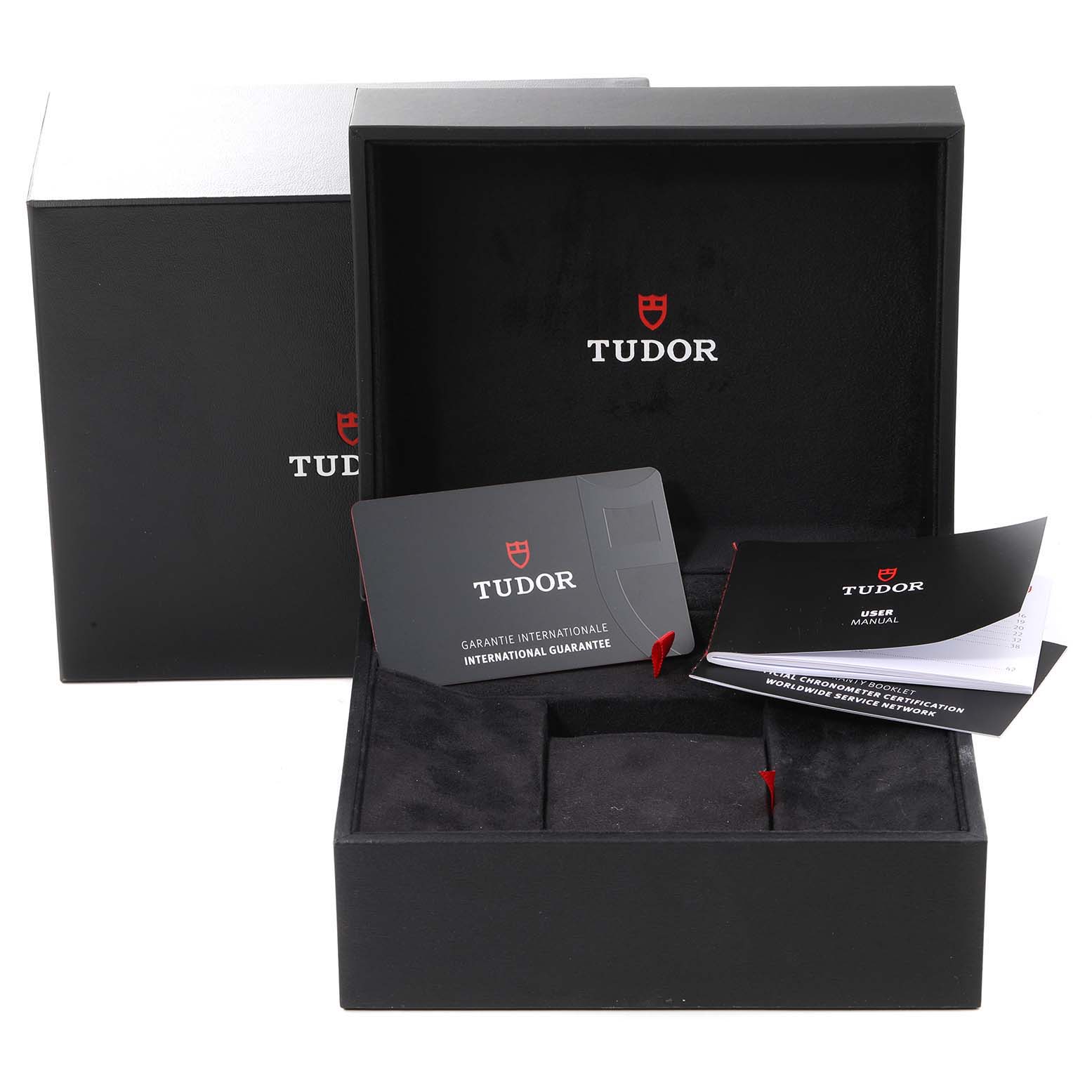 The image shows the open presentation box for the Tudor Heritage Black Bay 79230B Men
s Stainless Steel Black Dial 79230B Men
s Stainless Steel Black Dial watch along with the international guarantee card and user manual.
