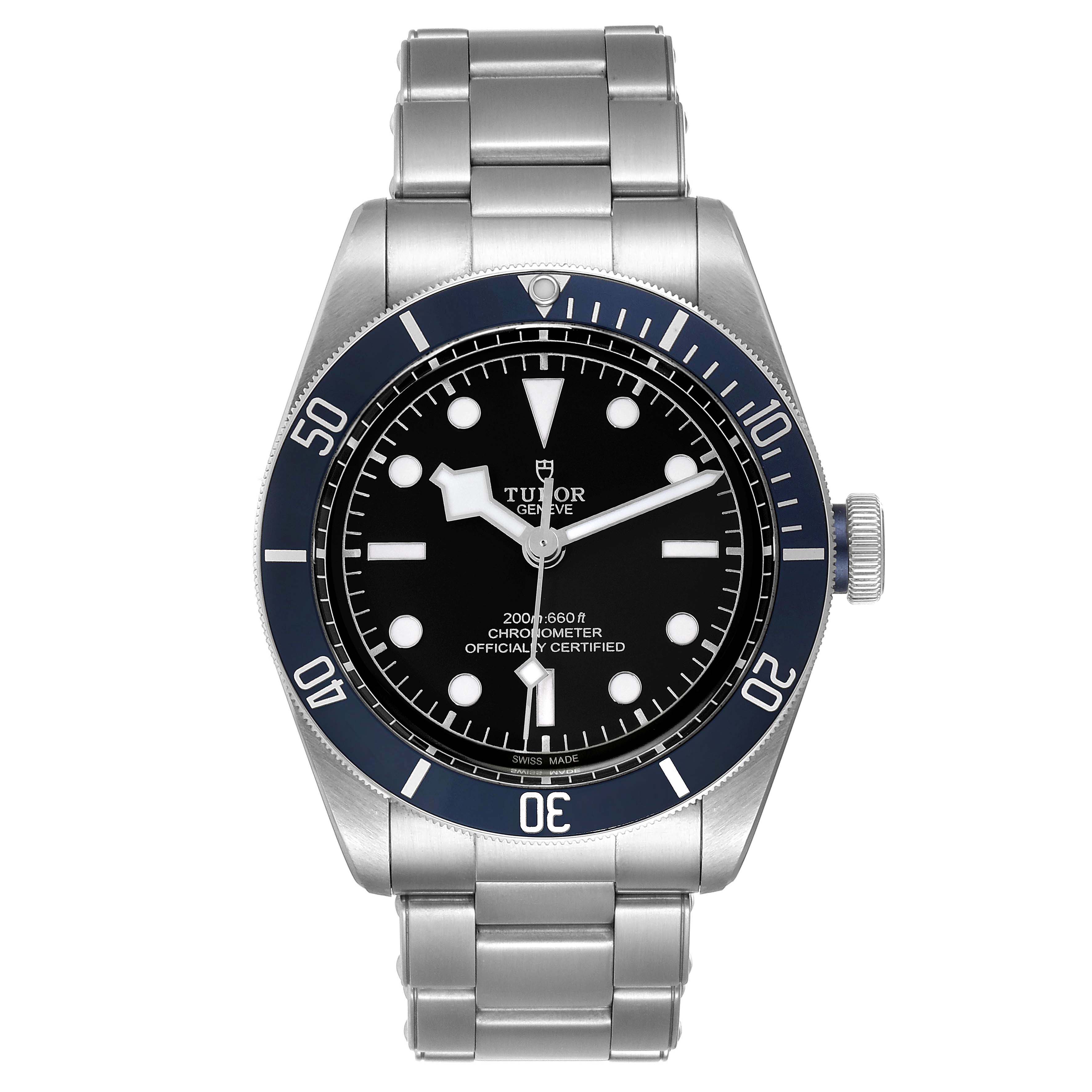 The image shows a front view of the Tudor Heritage Black Bay 79230B Men
s Stainless Steel Black Dial 79230B Men
s Stainless Steel Black Dial watch, displaying the dial, bezel, and stainless steel bracelet.