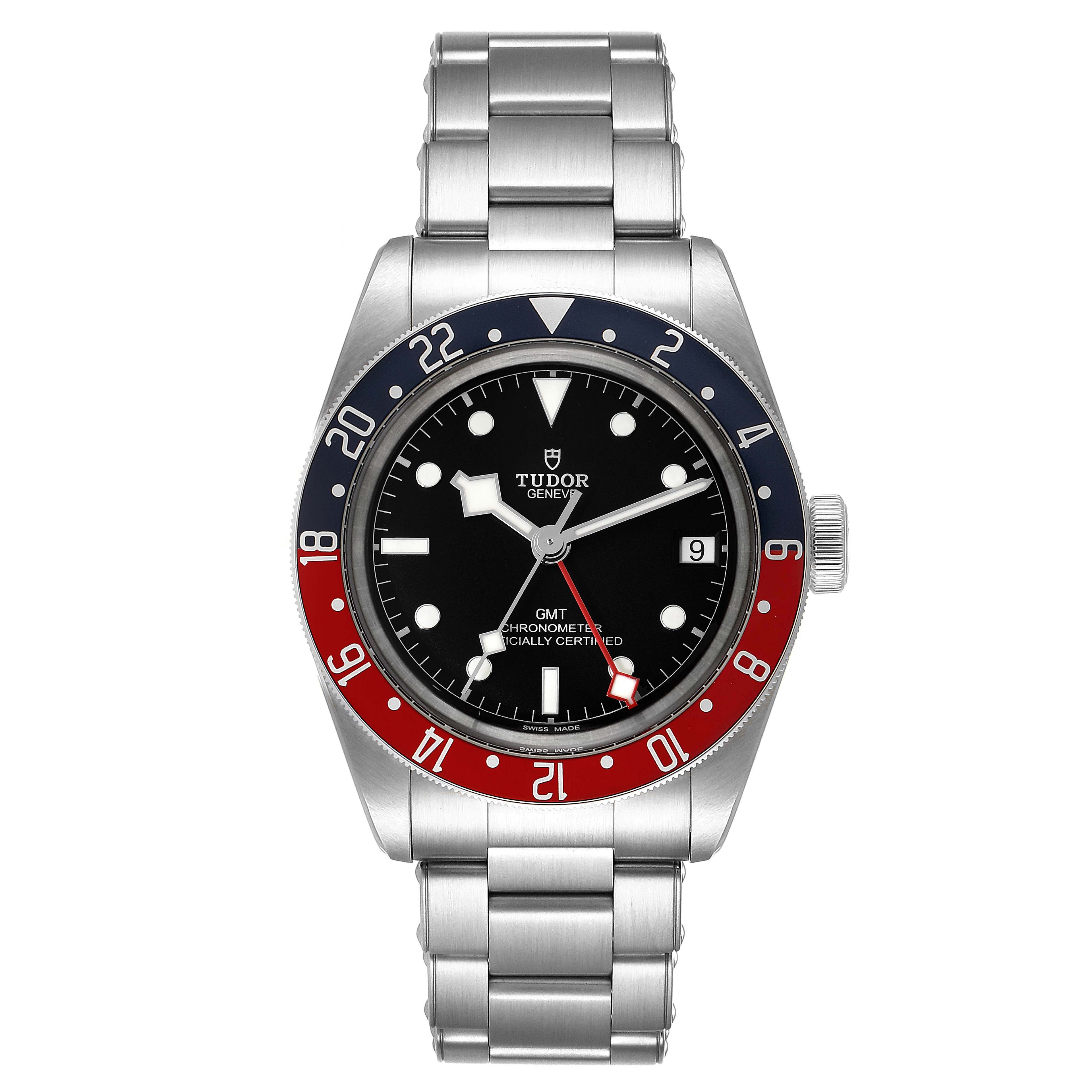 The image shows a front view of the Tudor Heritage Black Bay 79830RB Men
s Stainless Steel Black Dial 79830RB Men
s Stainless Steel Black Dial GMT watch, displaying its dial, bezel, and stainless steel bracelet.