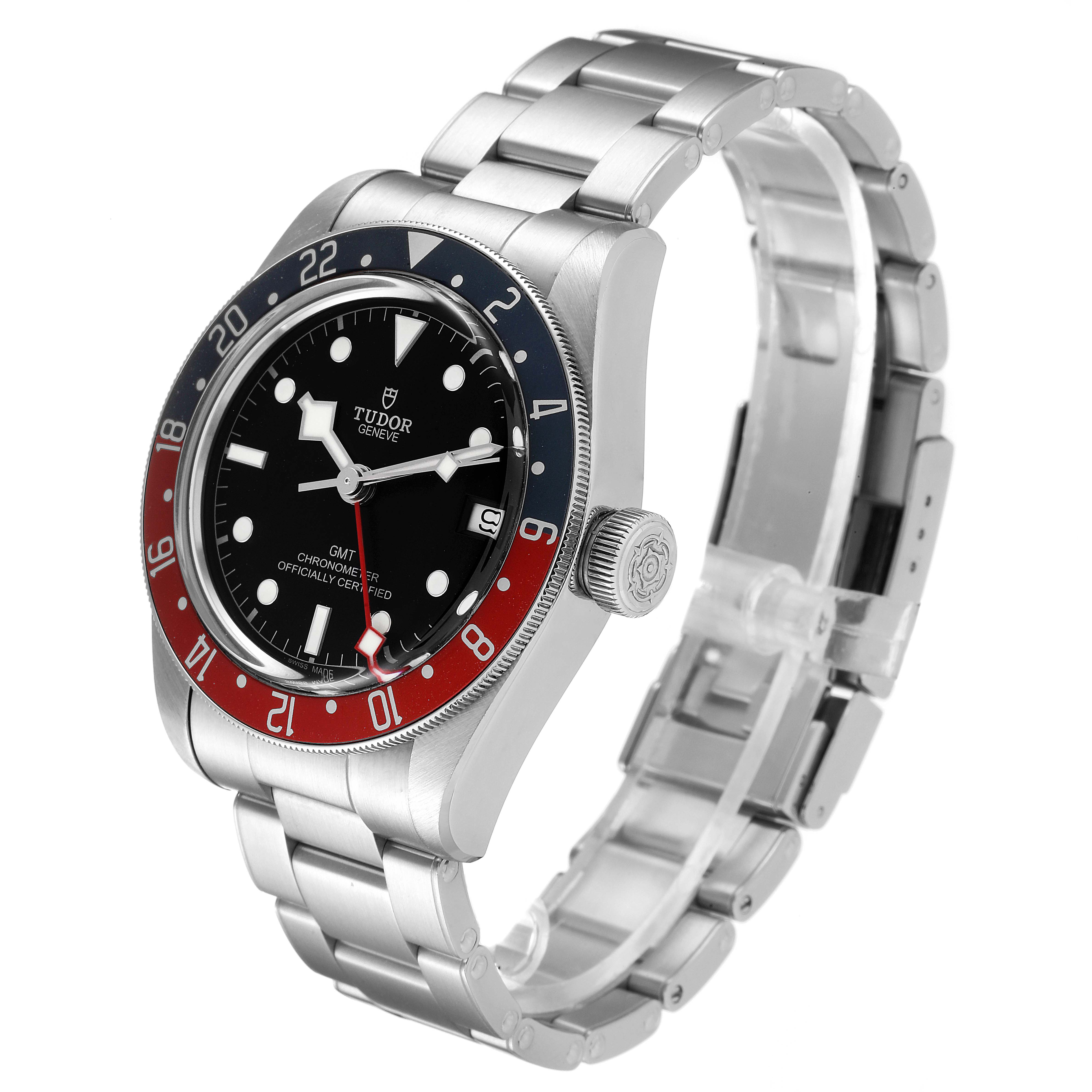 The image shows a side angle of the Tudor Heritage Black Bay 79830RB Men
s Stainless Steel Black Dial 79830RB Men
s Stainless Steel Black Dial watch, revealing its face, bezel, crown, and bracelet.