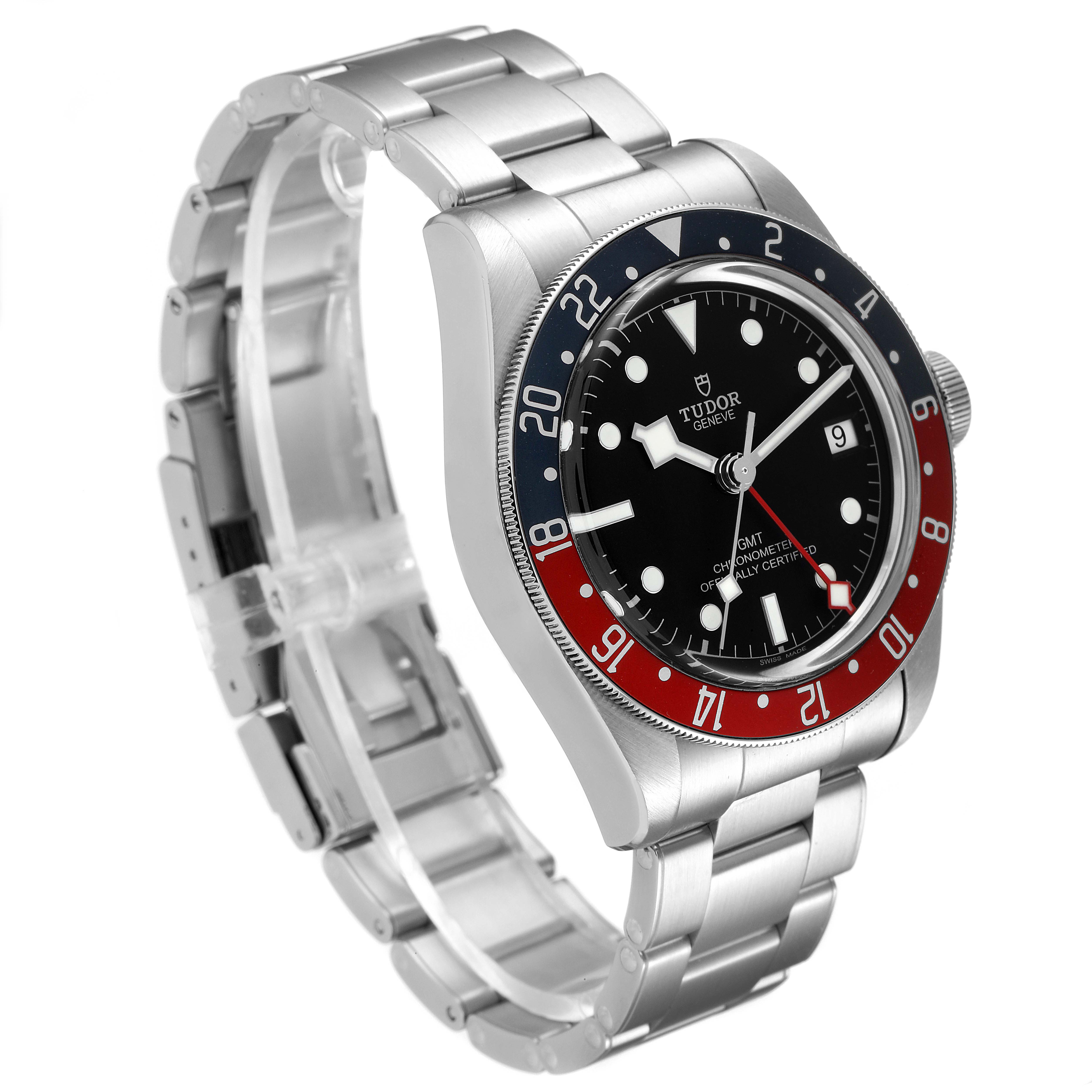 The Tudor Heritage Black Bay 79830RB Men
s Stainless Steel Black Dial 79830RB Men
s Stainless Steel Black Dial watch is shown at a slight angle, displaying its face, bezel, and stainless steel bracelet.