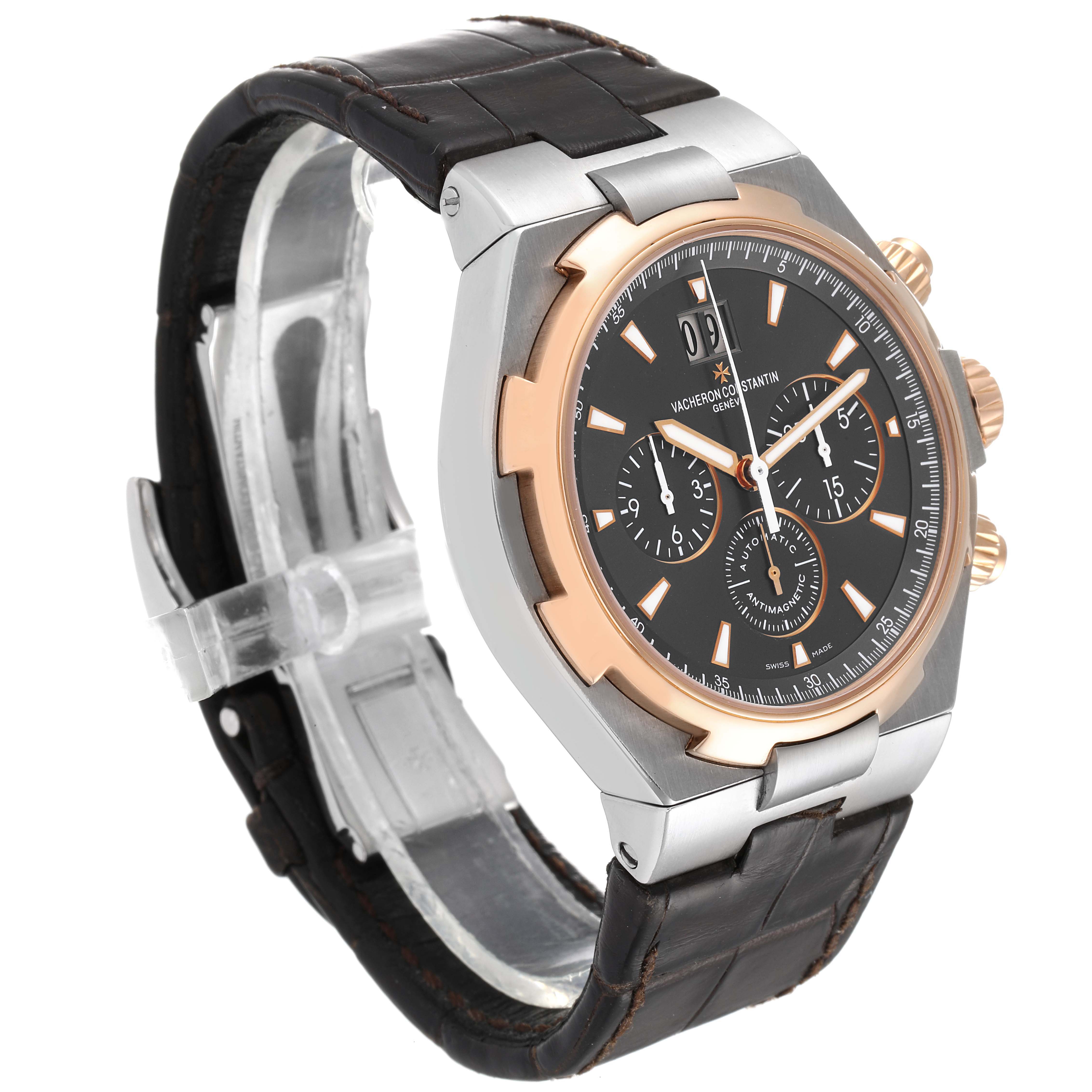 The image shows a Vacheron Constantin Overseas 49150/000M-9338 Men's Steel and Gold (two tone) Grey Dial 49150/000M-9338 Men's Steel and Gold (two tone) Grey Dial watch at a three-quarter angle, featuring the face, bezel, and strap.