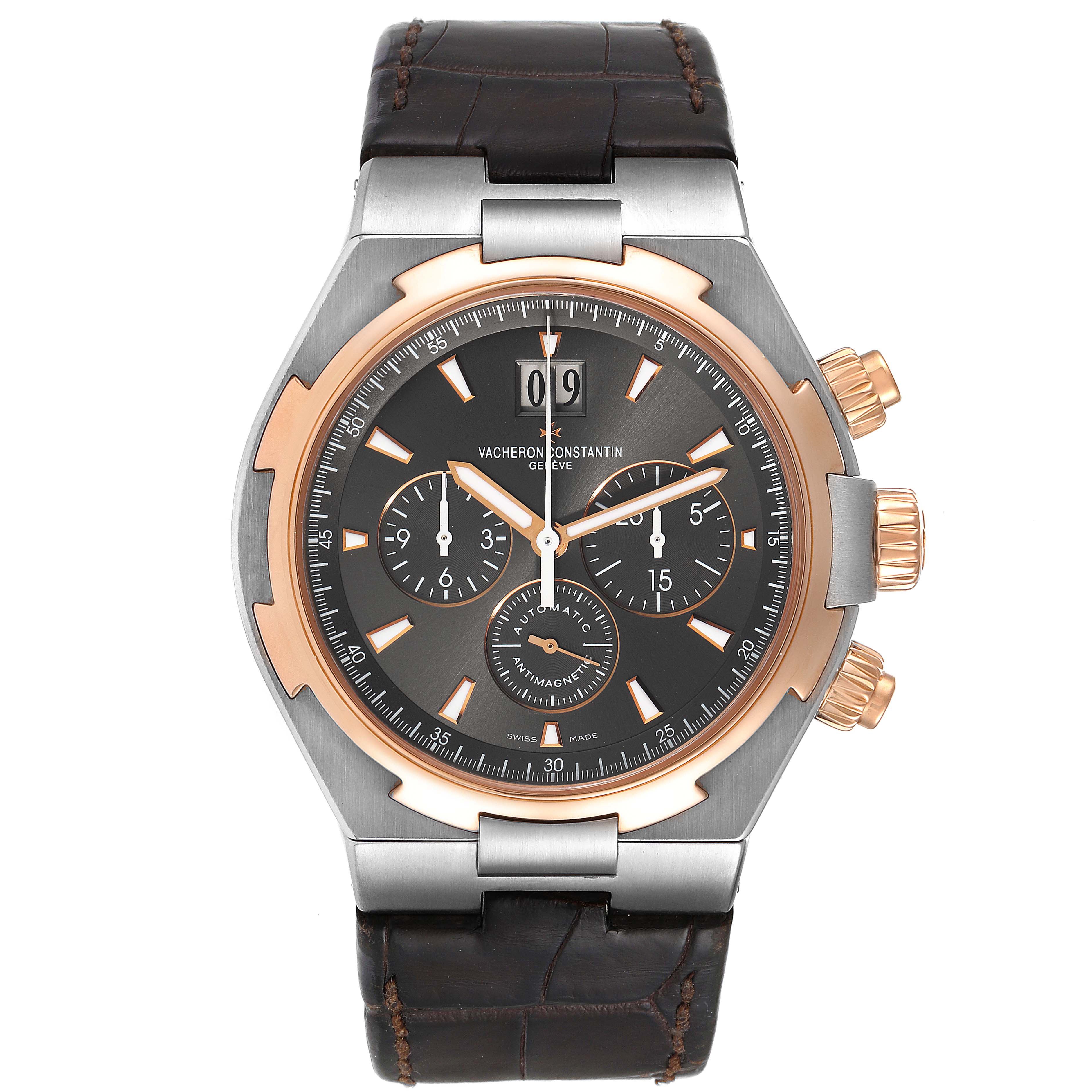 This image features a frontal view of the Vacheron Constantin Overseas 49150/000M-9338 Men's Steel and Gold (two tone) Grey Dial 49150/000M-9338 Men's Steel and Gold (two tone) Grey Dial model watch, highlighting its dial, bezel, and strap.