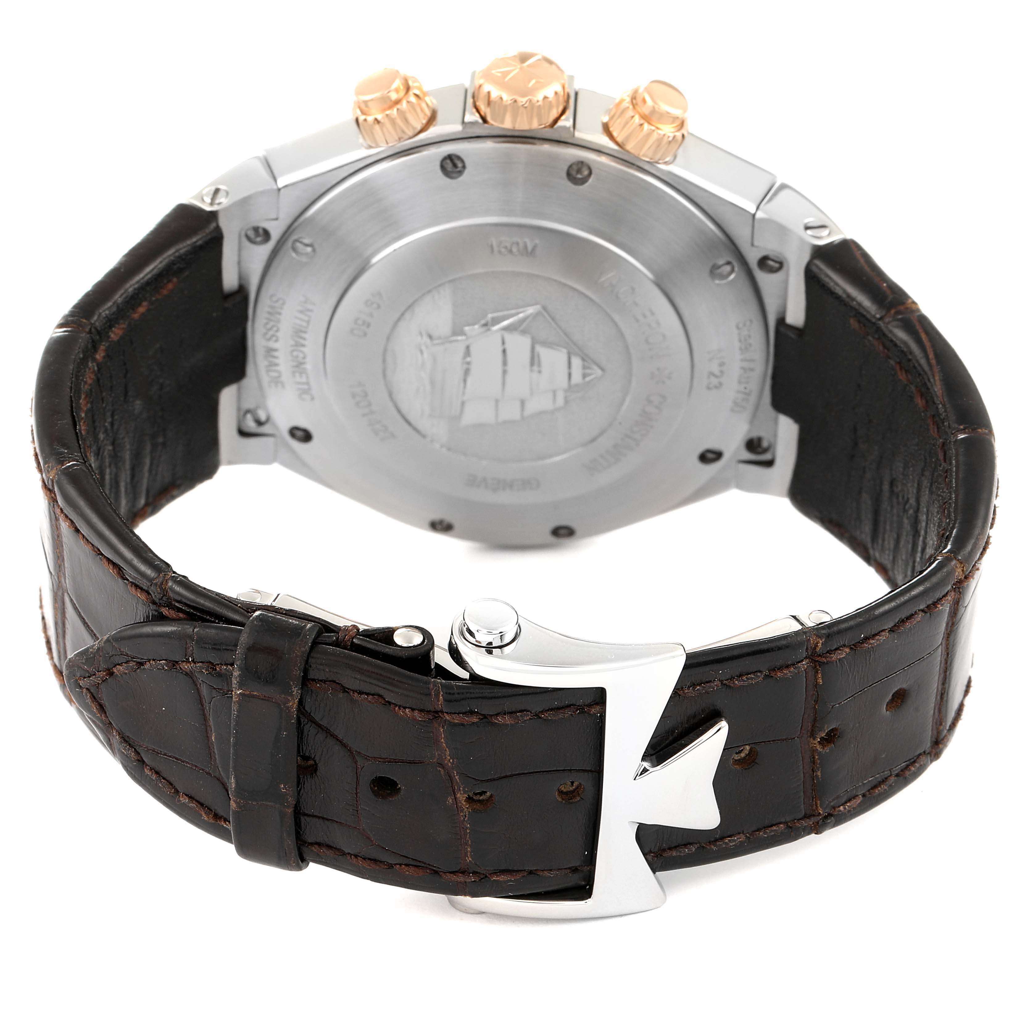 The image shows the back and strap of a Vacheron Constantin Overseas 49150/000M-9338 Men's Steel and Gold (two tone) Grey Dial 49150/000M-9338 Men's Steel and Gold (two tone) Grey Dial model watch, highlighting the buckle and caseback.