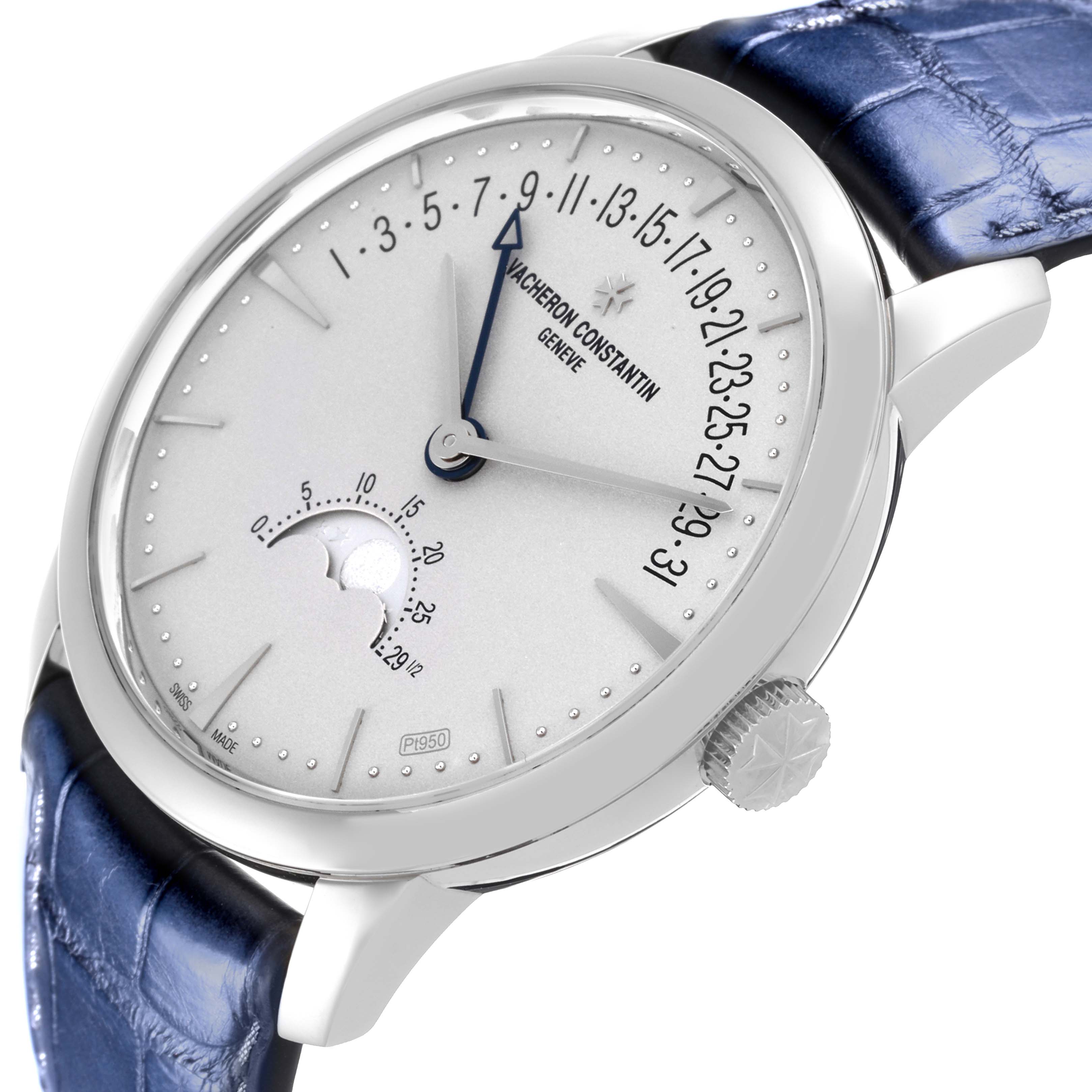 The Vacheron Constantin Patrimony 4010U/000P-B545 Men's Platinum Silver Dial 4010U/000P-B545 Men's Platinum Silver Dial watch is shown at a side angle displaying the dial, moonphase, crown, and part of the blue strap.