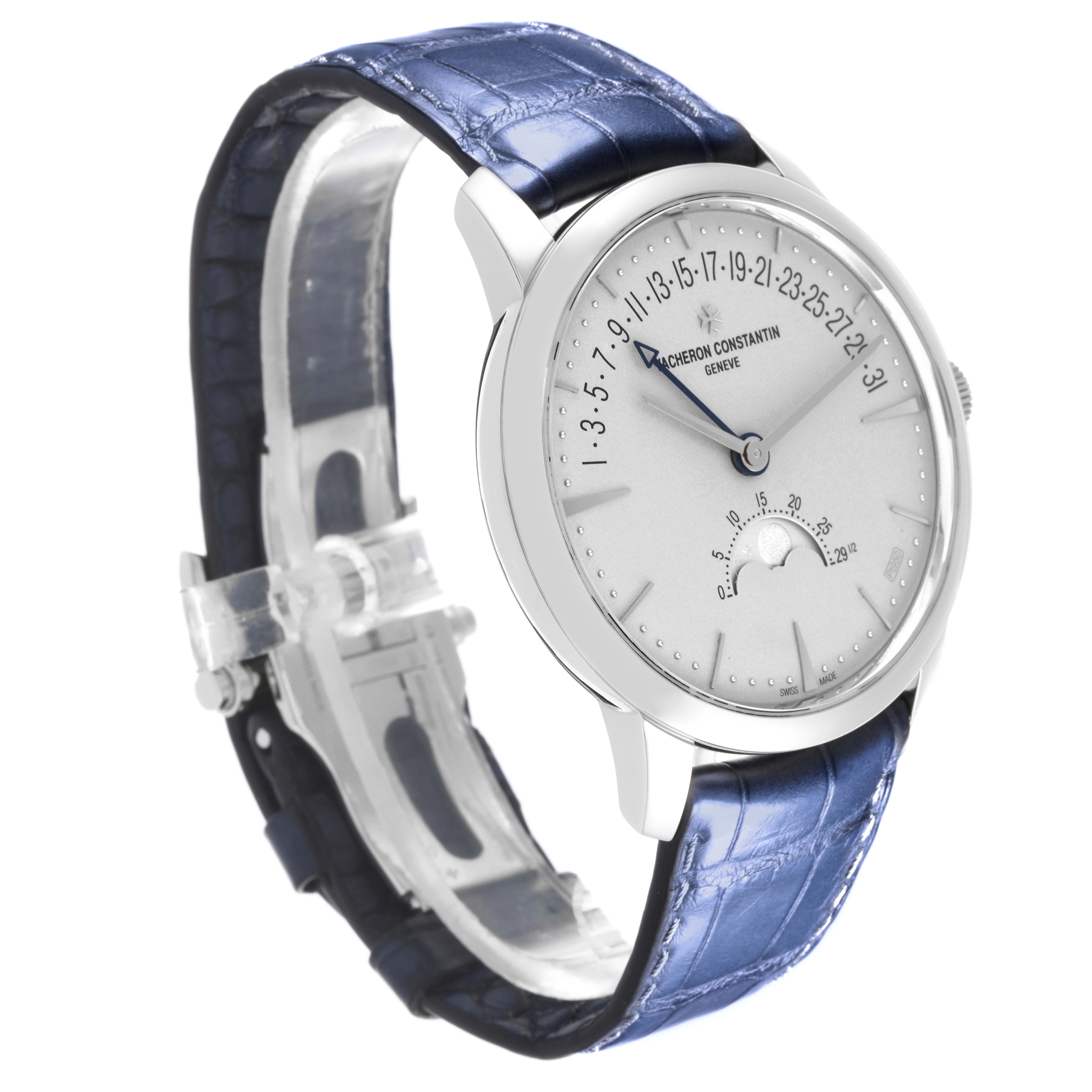 The Vacheron Constantin Patrimony 4010U/000P-B545 Men's Platinum Silver Dial 4010U/000P-B545 Men's Platinum Silver Dial watch is shown at an angle highlighting its face, bezel, and the blue leather strap.